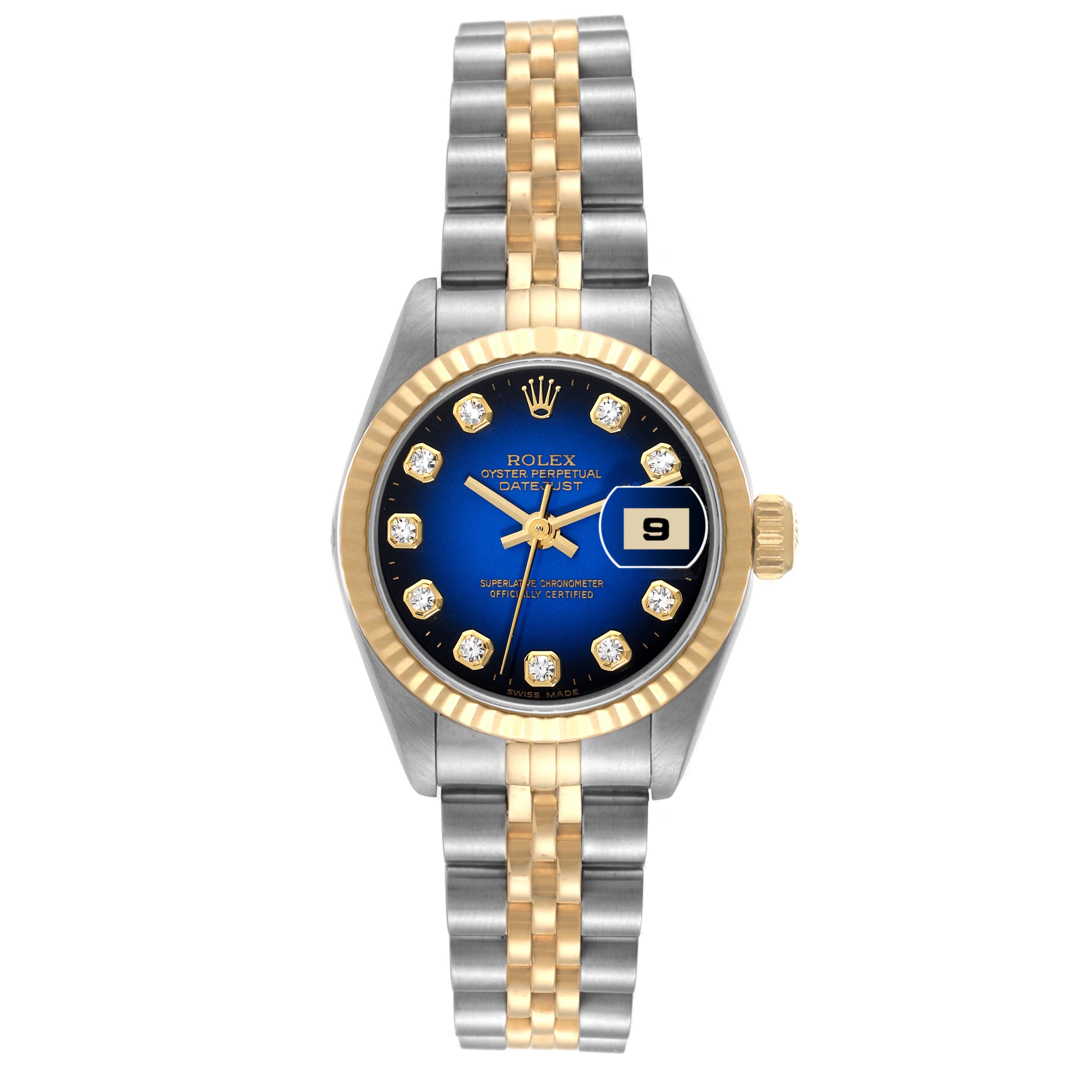 The Rolex Datejust 69173 Women's Steel and Gold (two tone) Blue Dial 69173 Women's Steel and Gold (two tone) Blue Dial watch is shown from a top-down angle, displaying the dial, bezel, and bracelet.