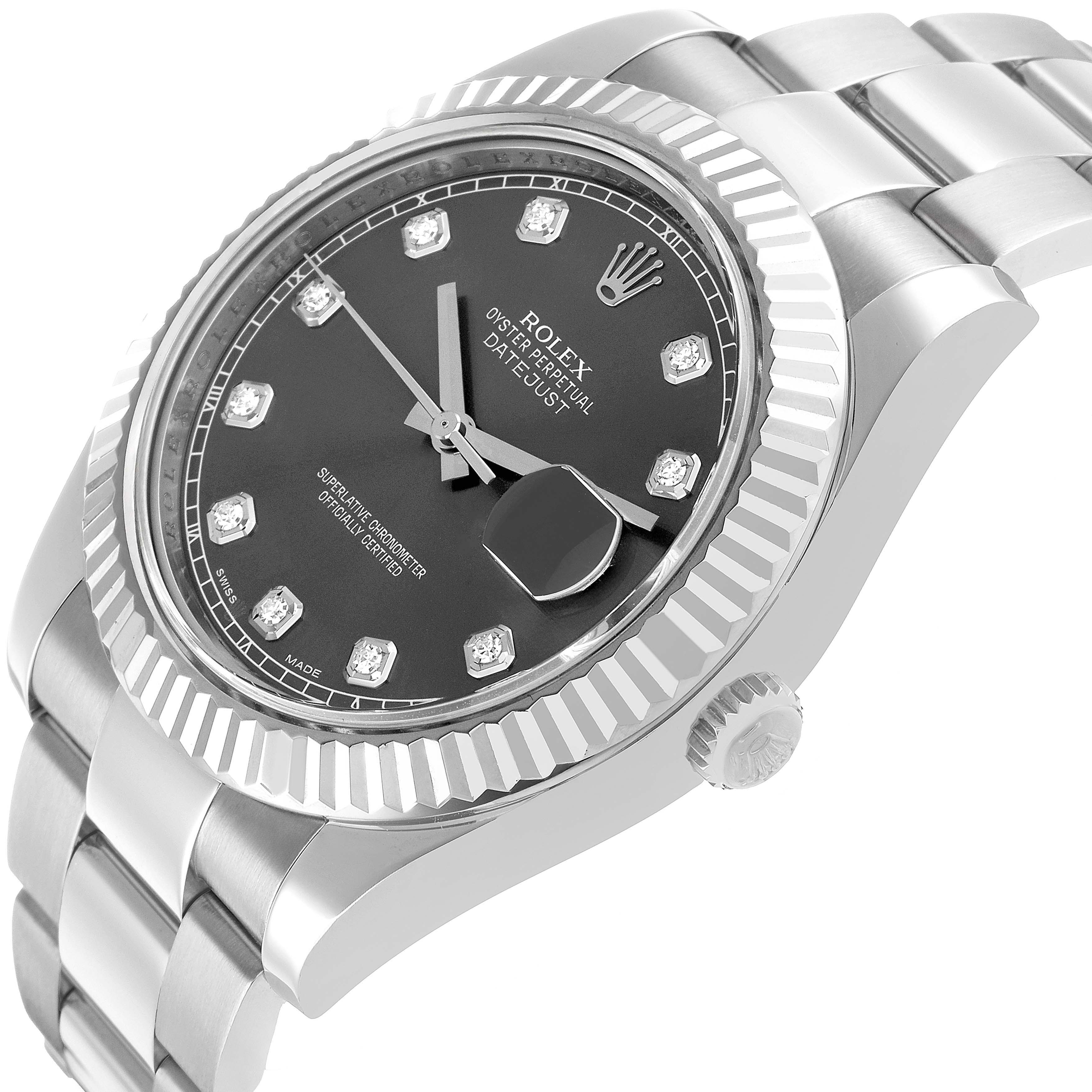 The Rolex Datejust 41 116334 Men's Stainless Steel Silver Dial is shown at a three-quarter angle, highlighting the fluted bezel, black dial, crown, and part of the bracelet.