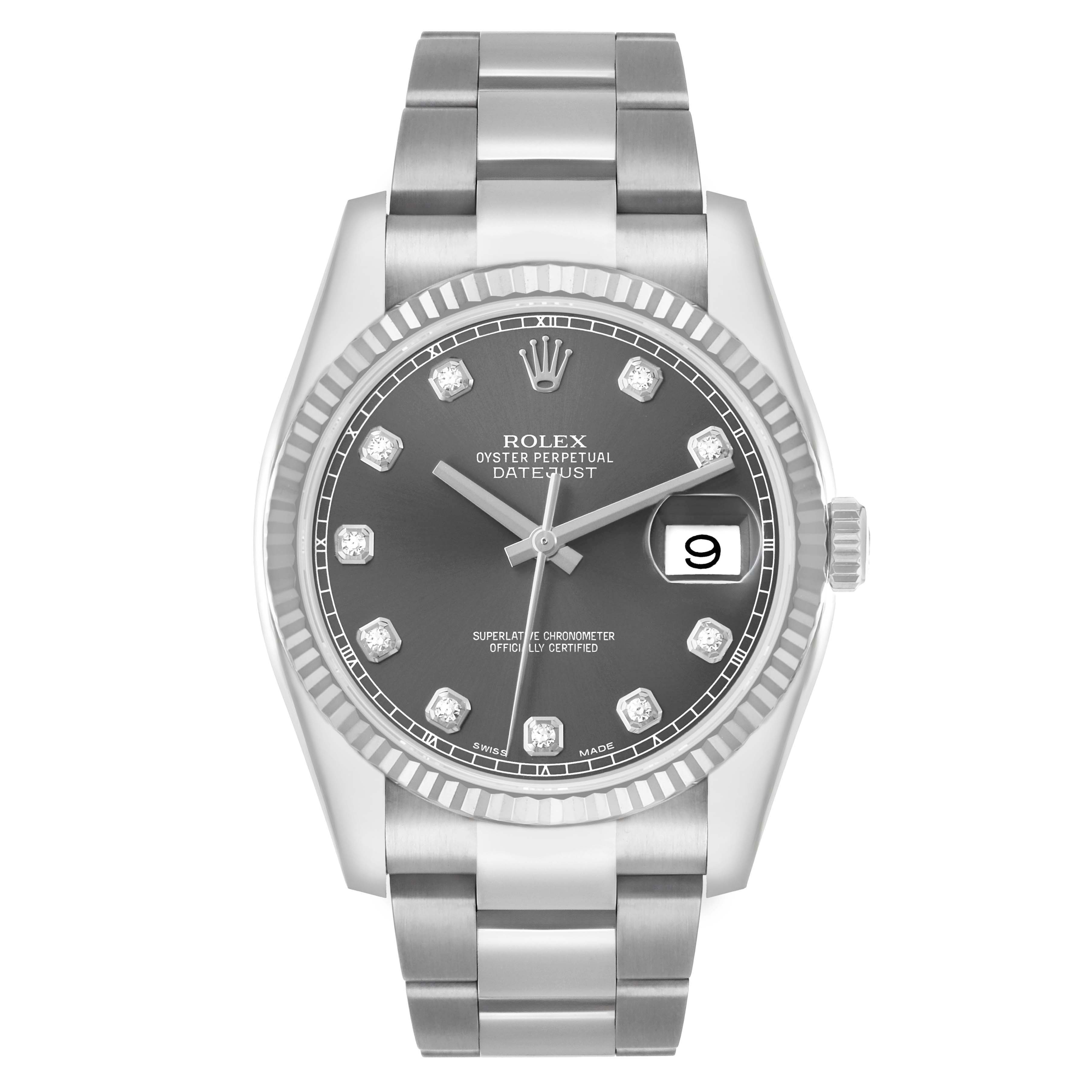 The Rolex Datejust 41 116334 Men's Stainless Steel Silver Dial is shown from the front, displaying its dial, fluted bezel, bracelet, and date window.