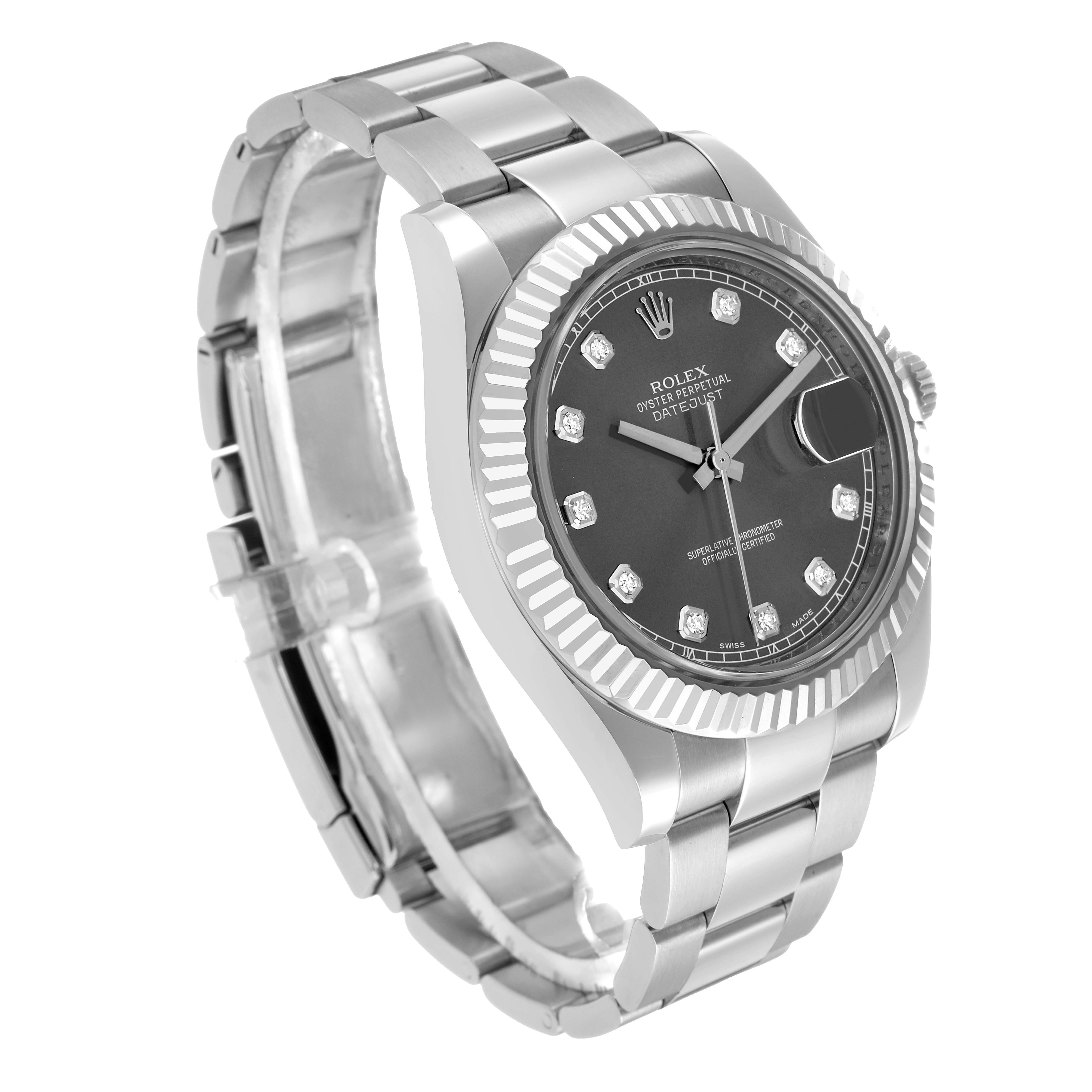 The image shows a Rolex Datejust 41 116334 Men's Stainless Steel Silver Dial watch from an angled side view, highlighting its fluted bezel, dial, and bracelet.