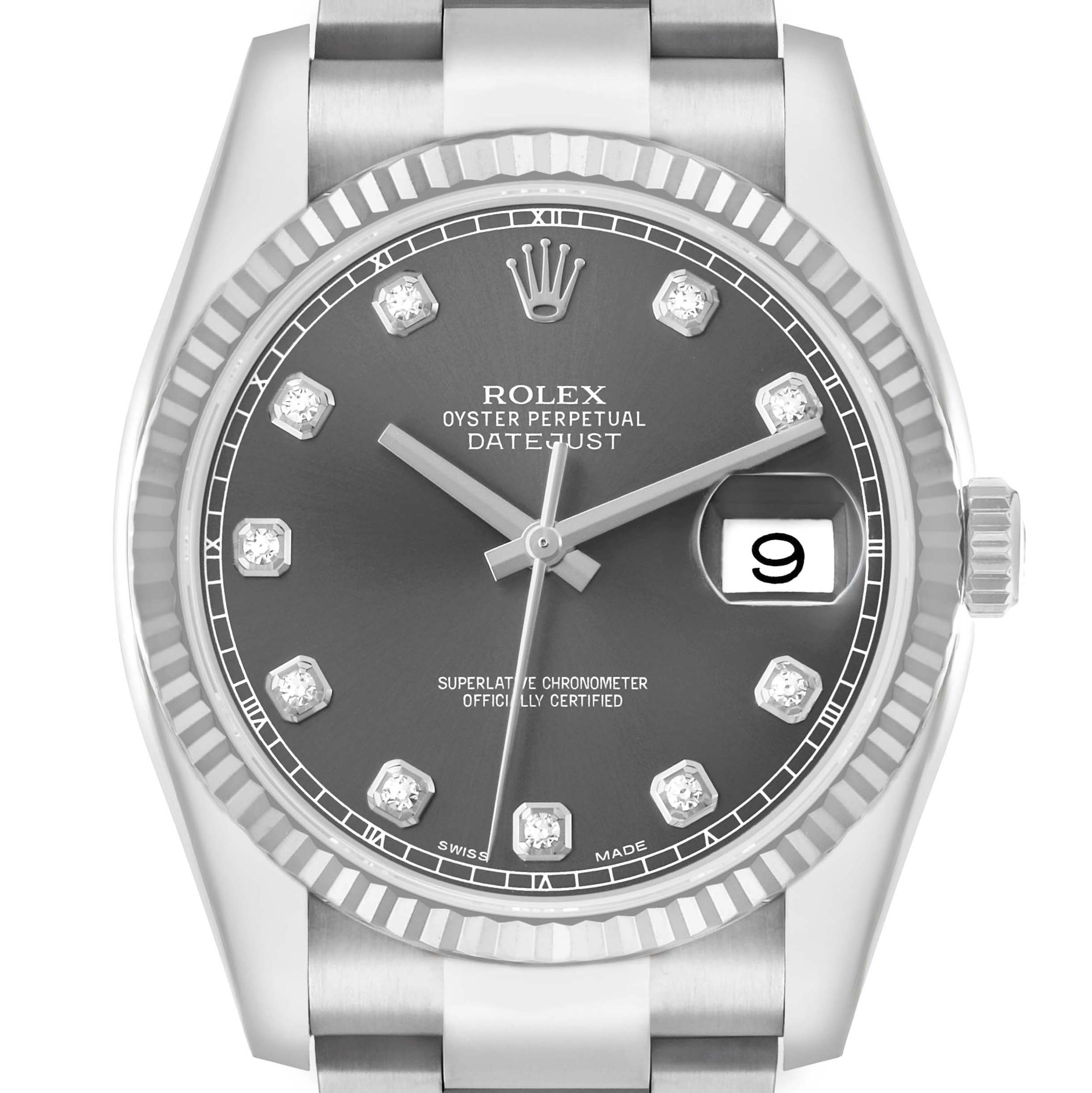 The Rolex Datejust 41 116334 Men's Stainless Steel Silver Dial watch is shown from a front angle, highlighting its dial, fluted bezel, crown, and bracelet.