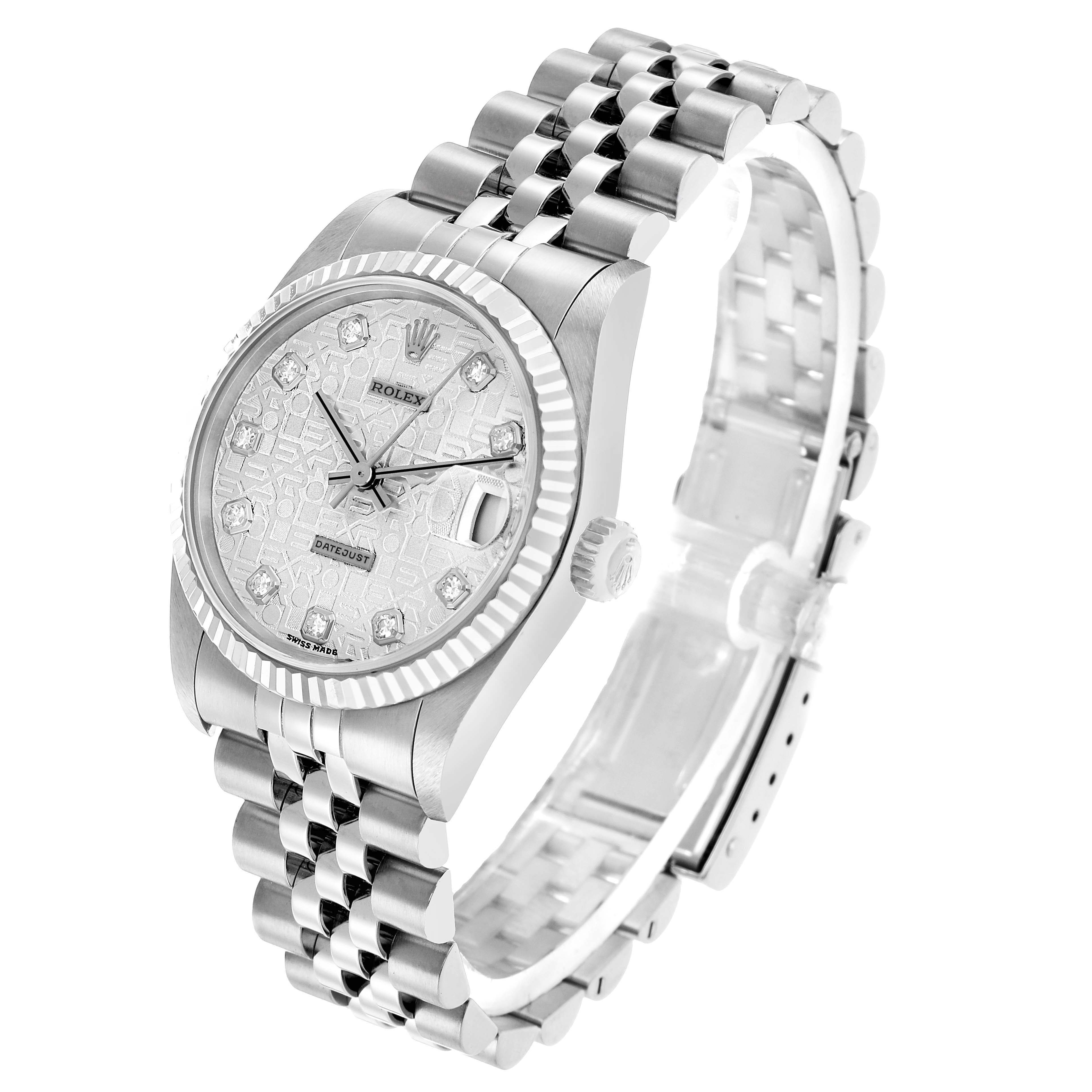 The Rolex Mid-Size 68274 Women's Stainless Steel Silver Dial watch is shown at an angle highlighting the face, fluted bezel, and bracelet.