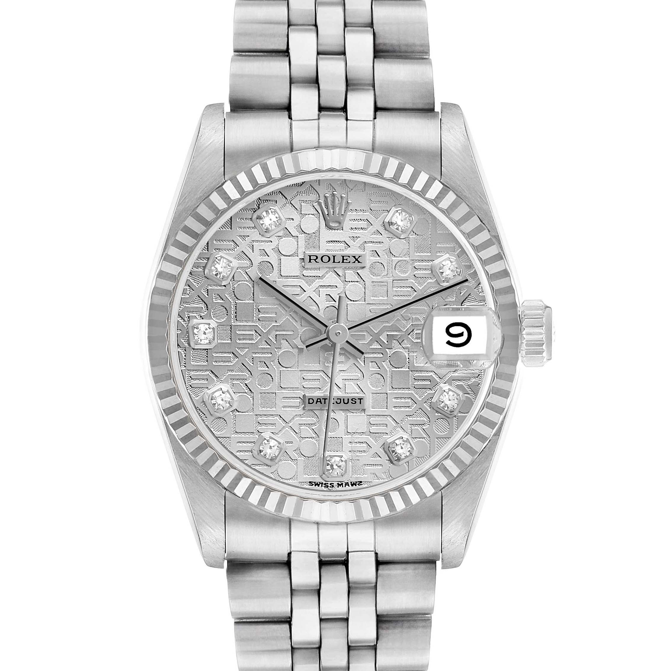 The Rolex Mid-Size 68274 Women's Stainless Steel Silver Dial model is shown from a front angle, highlighting the dial, bezel, and bracelet.