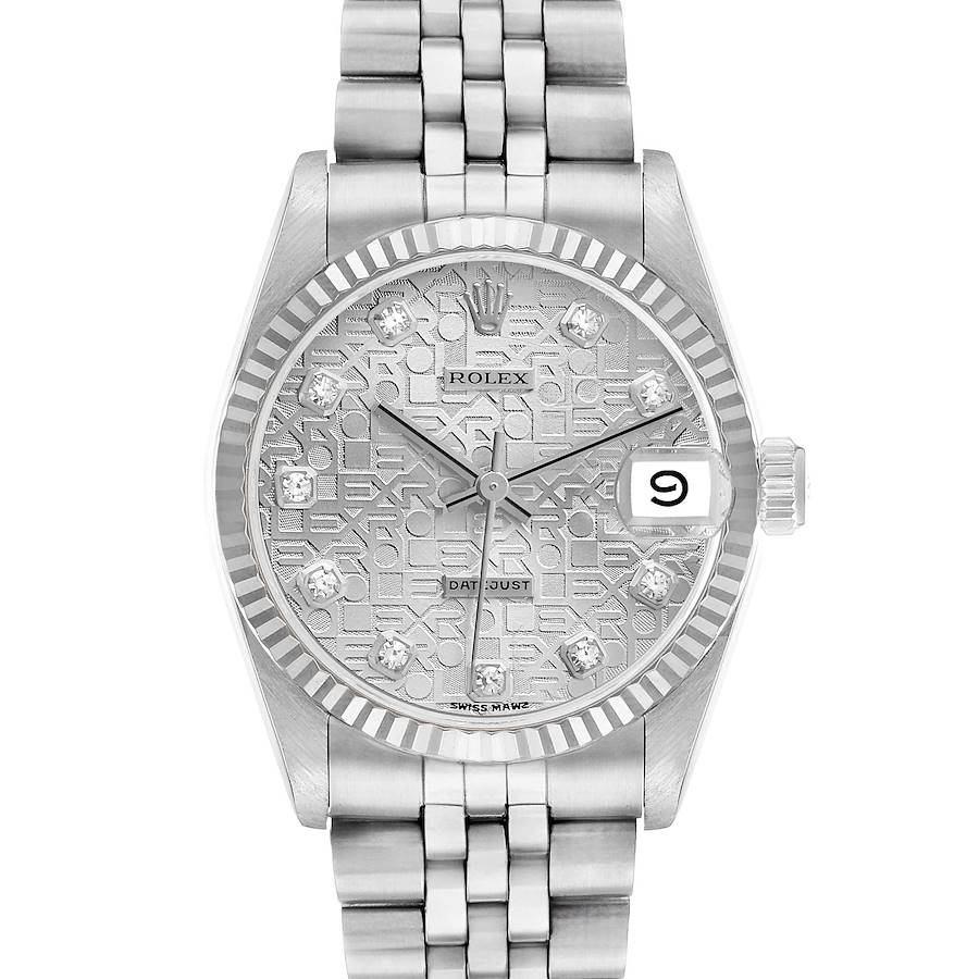 The Rolex Mid-Size 68274 Women's Stainless Steel Silver Dial model is shown from a front angle, highlighting the dial, bezel, and bracelet.