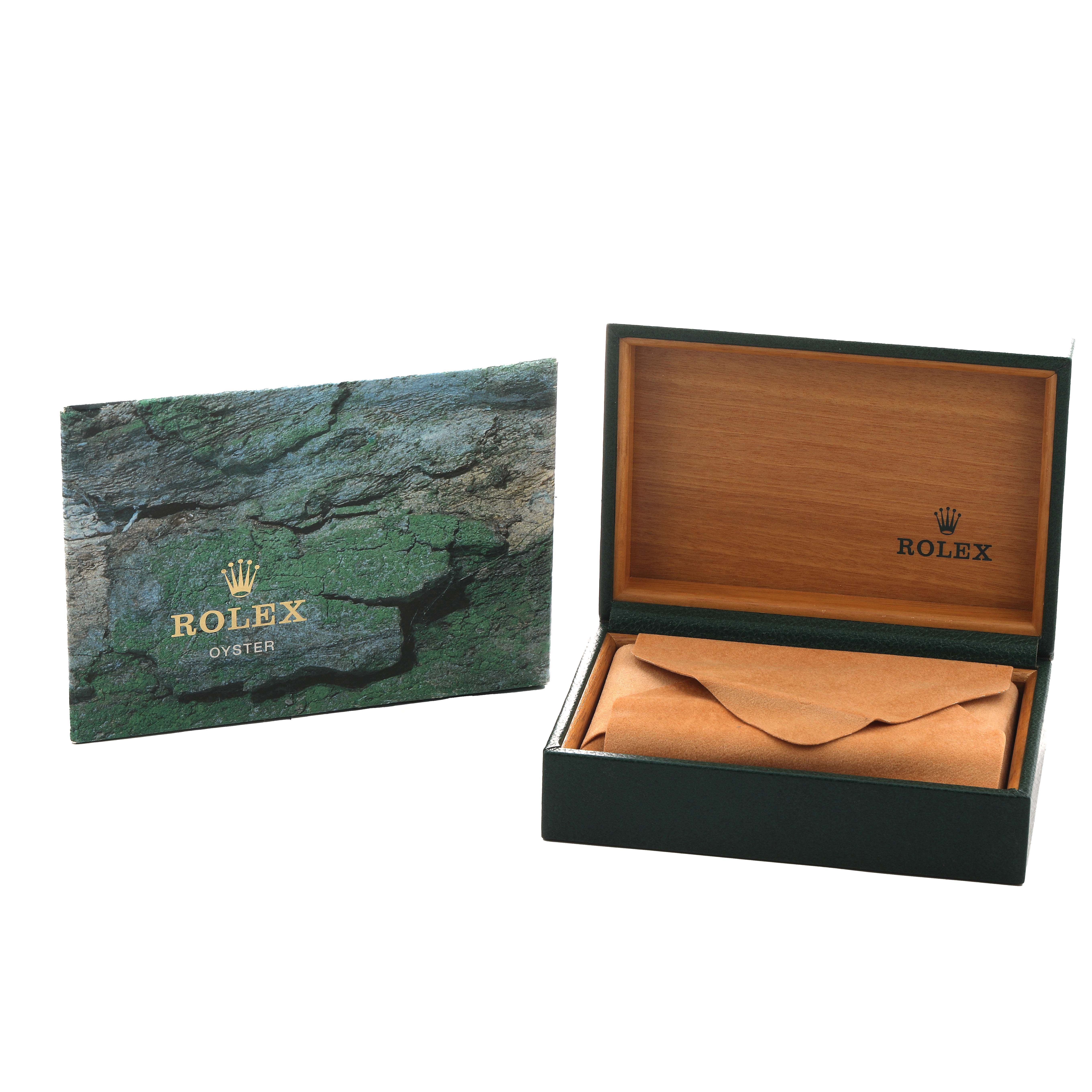 The image shows a Rolex Mid-Size 68274 Women's Stainless Steel Silver Dial model box and booklet, featuring an open box with a leather pouch and a branded outer cover.