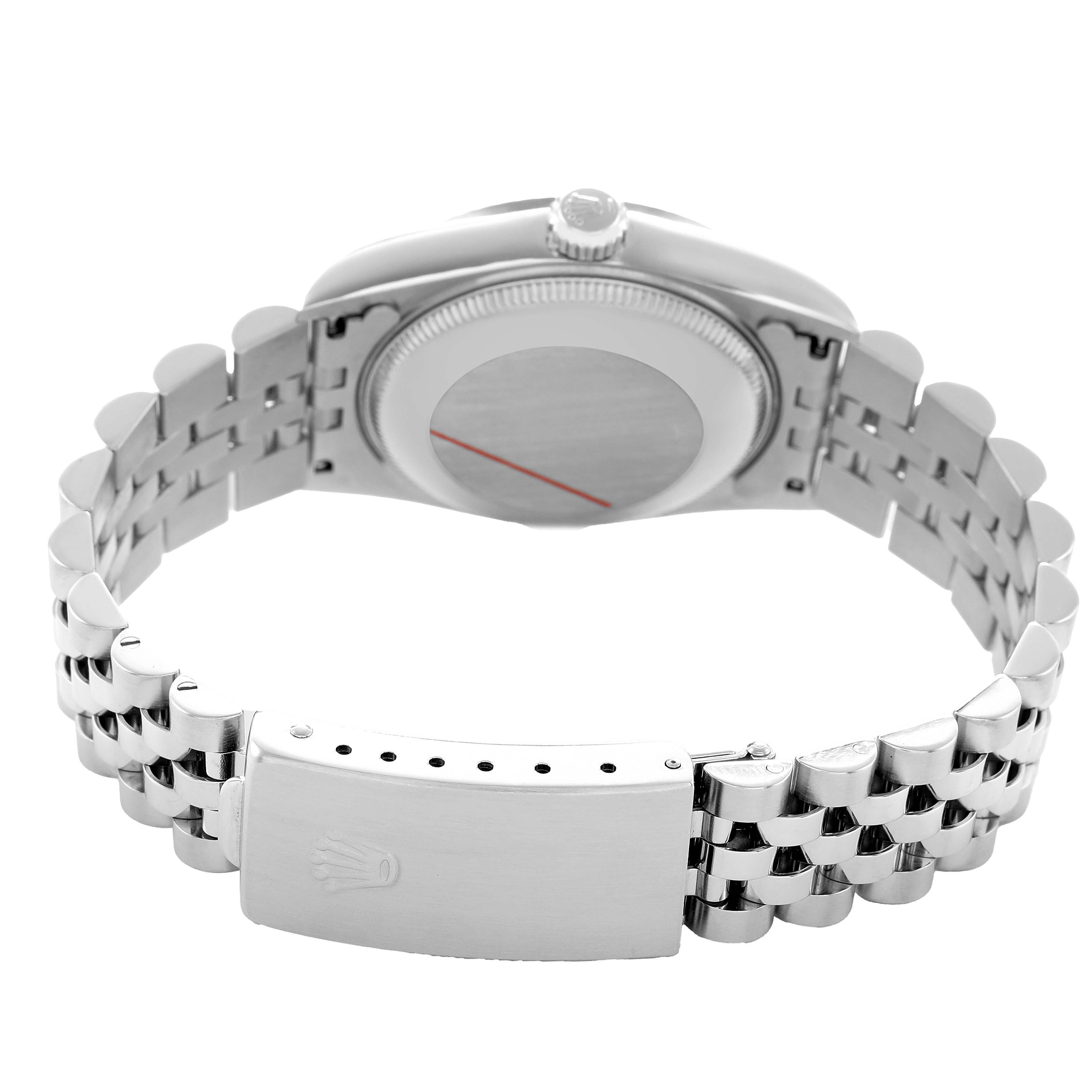 The image shows the back of a Rolex Mid-Size 68274 Women's Stainless Steel Silver Dial watch, highlighting the case back, jubilee bracelet, and clasp.