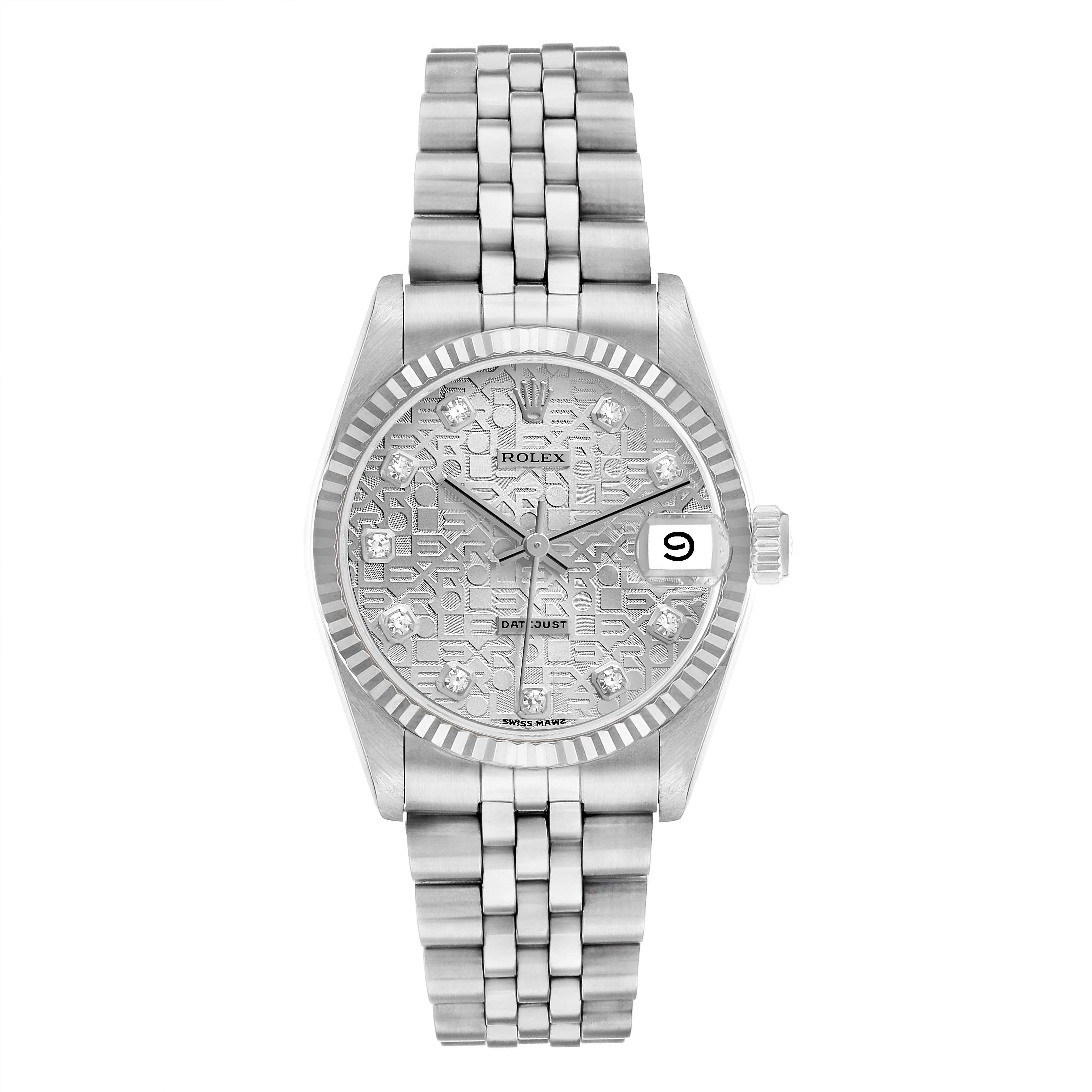 The Rolex Mid-Size 68274 Women's Stainless Steel Silver Dial watch is shown from the front, displaying its dial, bezel, bracelet, and crown.