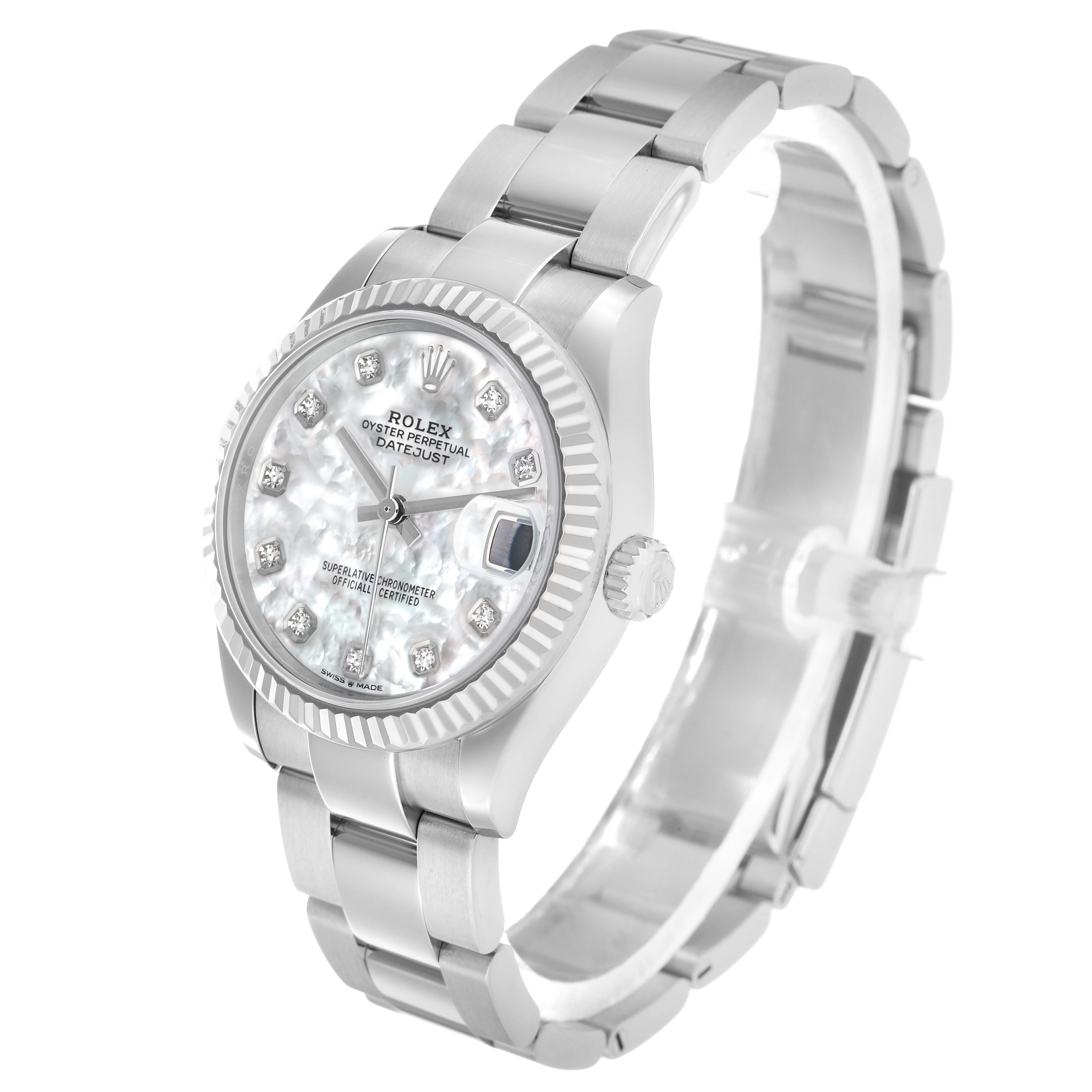 The Rolex mid-size Datejust watch is shown at a three-quarter angle, displaying the face, bezel, crown, and bracelet.