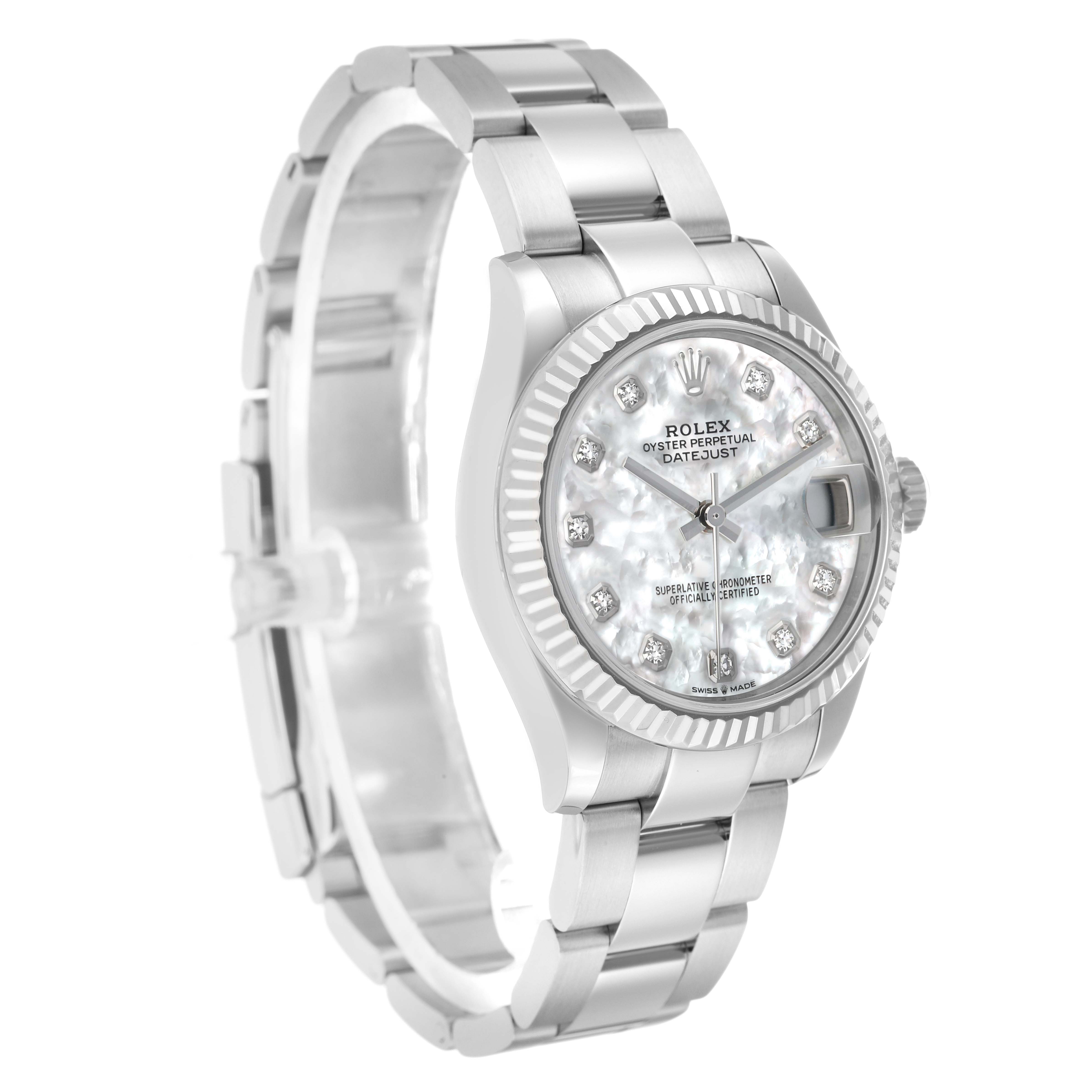 The Rolex Mid-Size 278274 Women's Stainless Steel Mother of Pearl Dial watch is shown at a slight angle, highlighting the face, bezel, and bracelet.