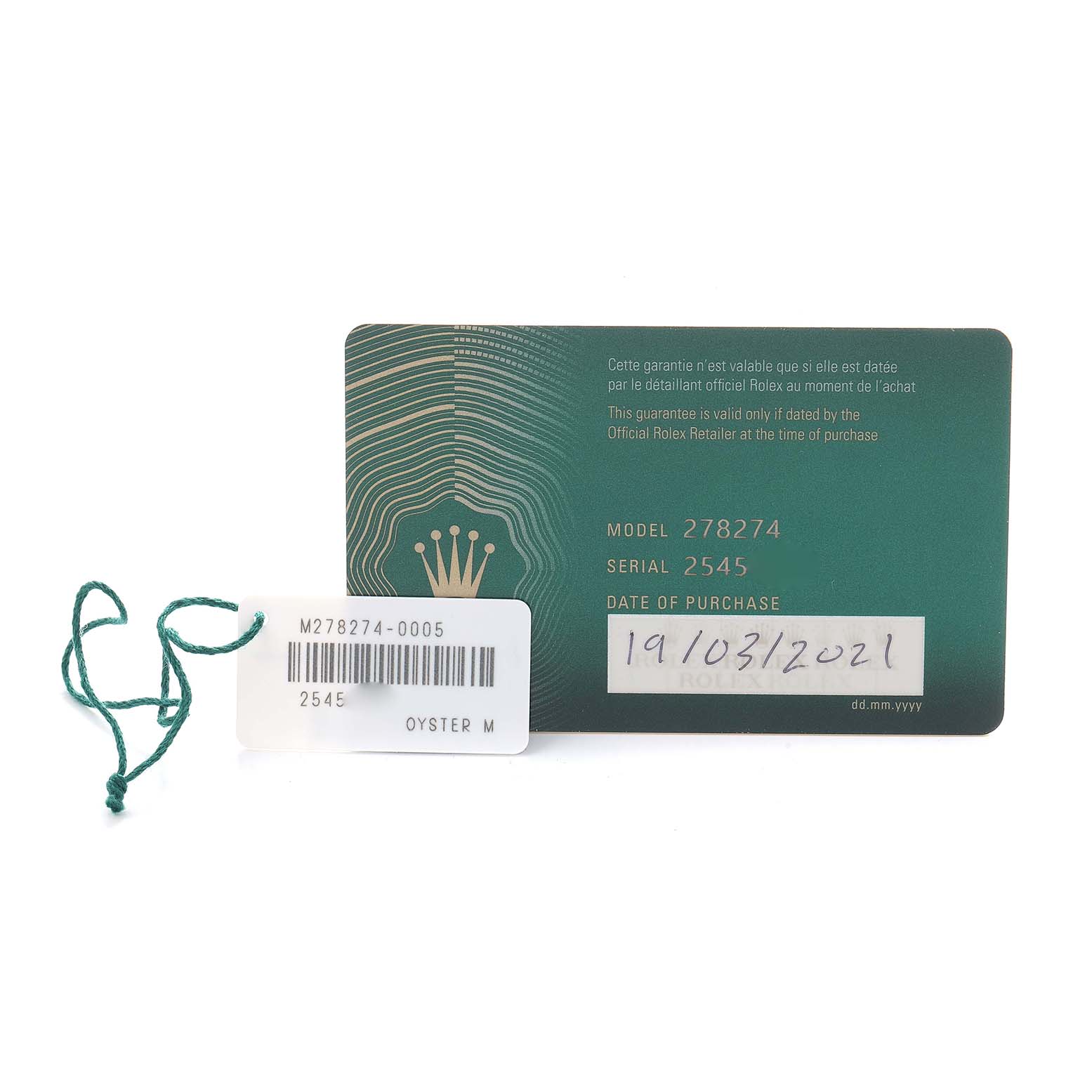 The image shows a Rolex warranty card and hang tag for the Mid-Size model 278274.