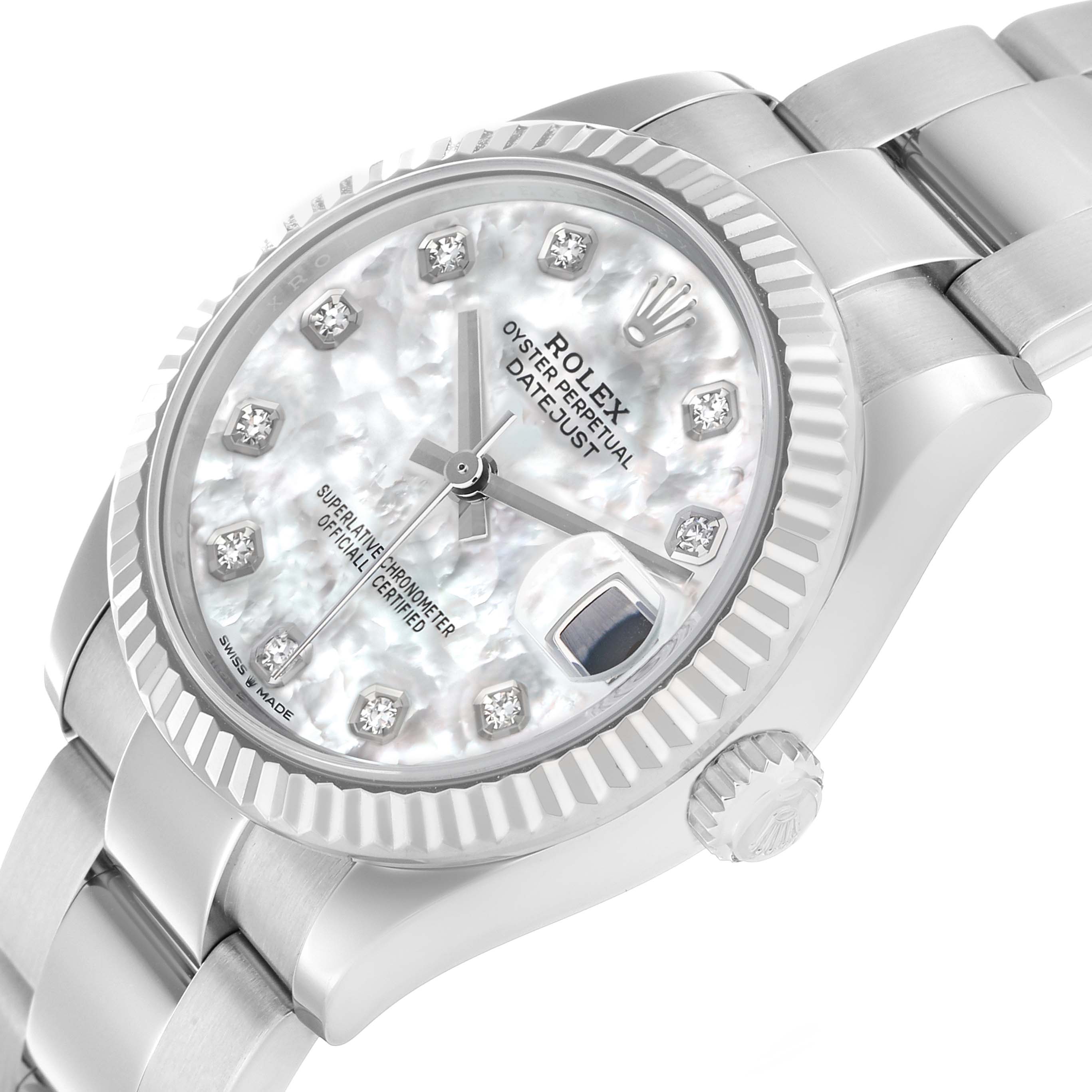 The Rolex Datejust mid-size model is shown at an angled view, highlighting the dial, fluted bezel, bracelet, and crown.