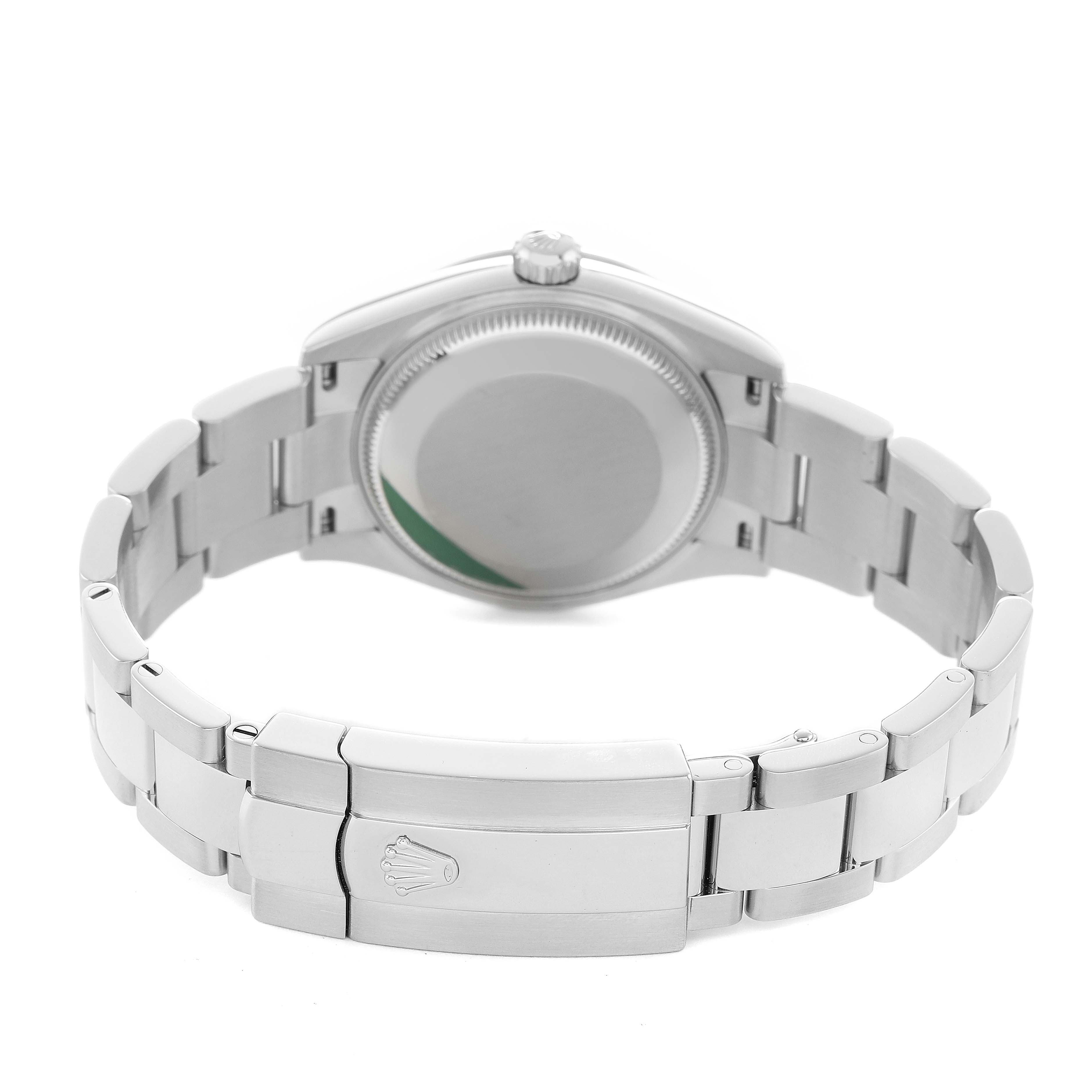 The Rolex Mid-Size 278274 Women's Stainless Steel Mother of Pearl Dial watch is shown from the back, displaying the clasp and bracelet.