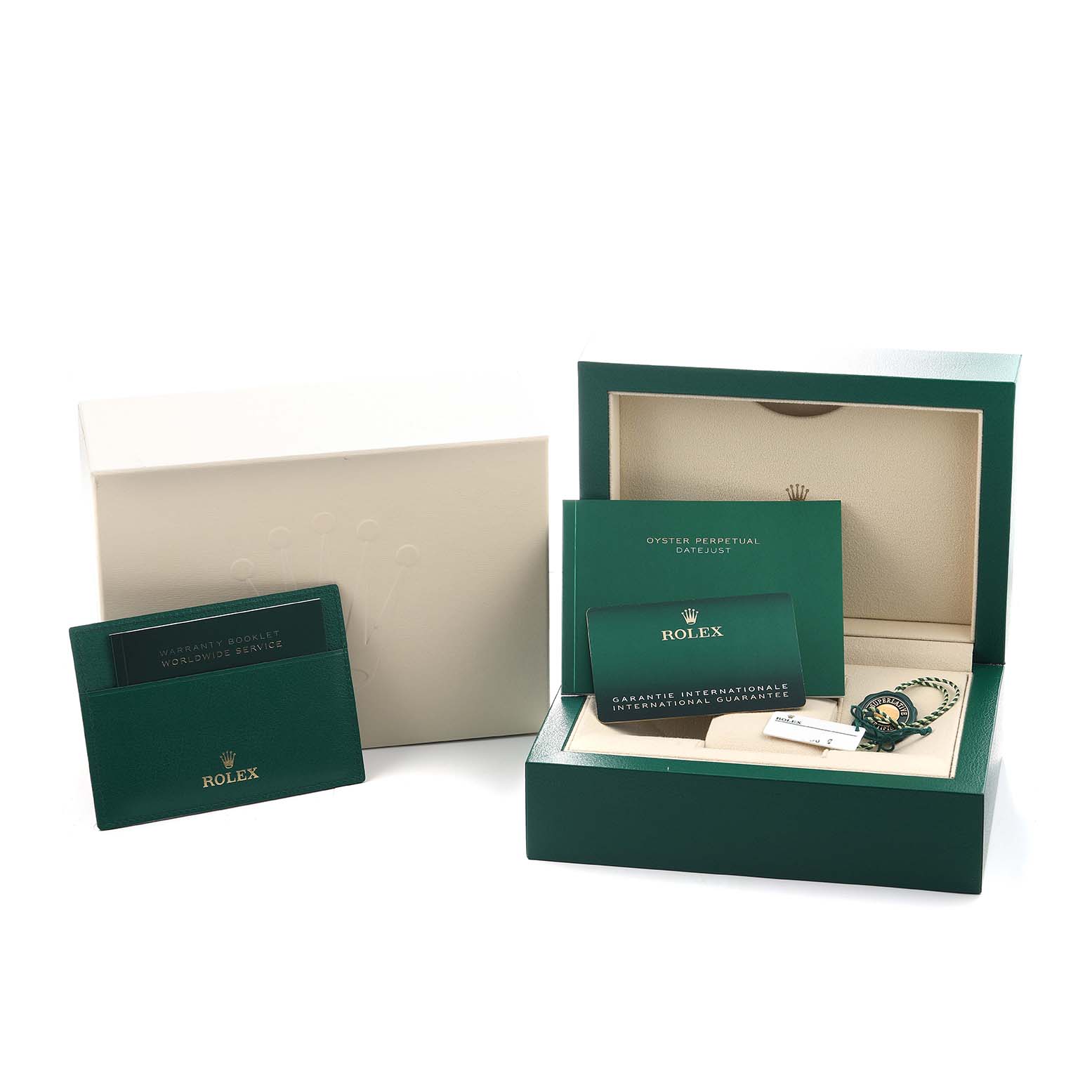 The image shows the packaging and accessories for a Rolex Mid-Size 278274 Women's Stainless Steel Mother of Pearl Dial watch, including the box, warranty card, and booklets.
