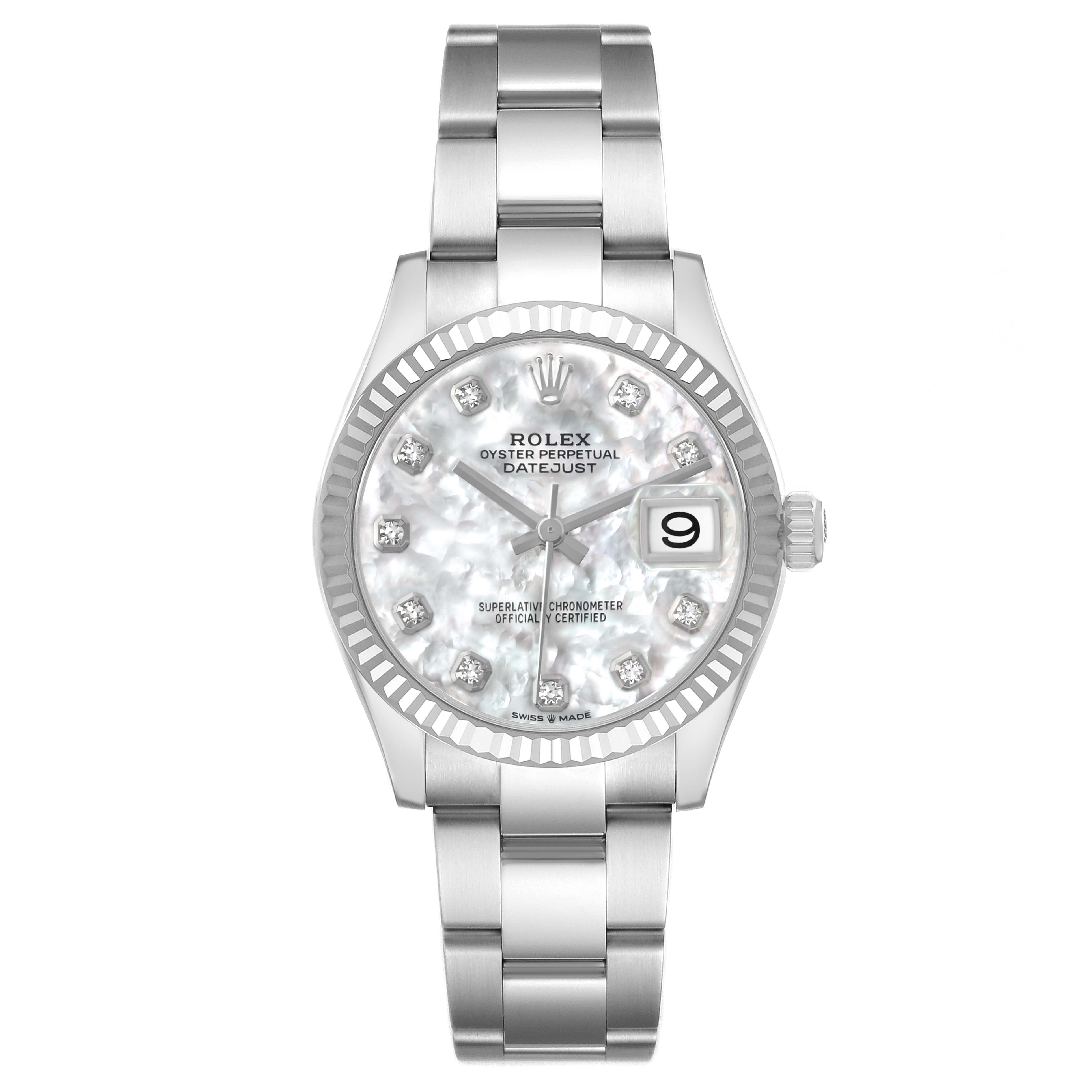 The Rolex Mid-Size 278274 Women's Stainless Steel Mother of Pearl Dial model is shown from a top-down angle, displaying the dial, bezel, bracelet, and crown.