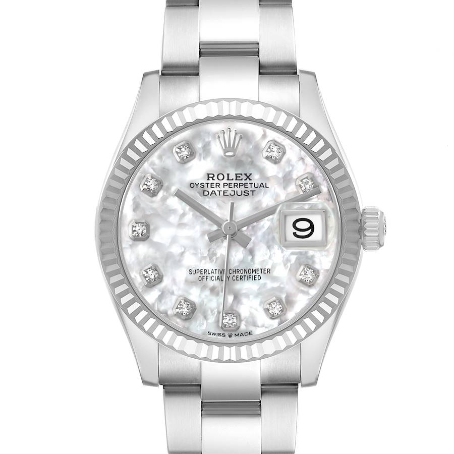 The Rolex Mid-Size 278274 Women's Stainless Steel Mother of Pearl Dial model is shown from the front, displaying the dial, bezel, and part of the bracelet.
