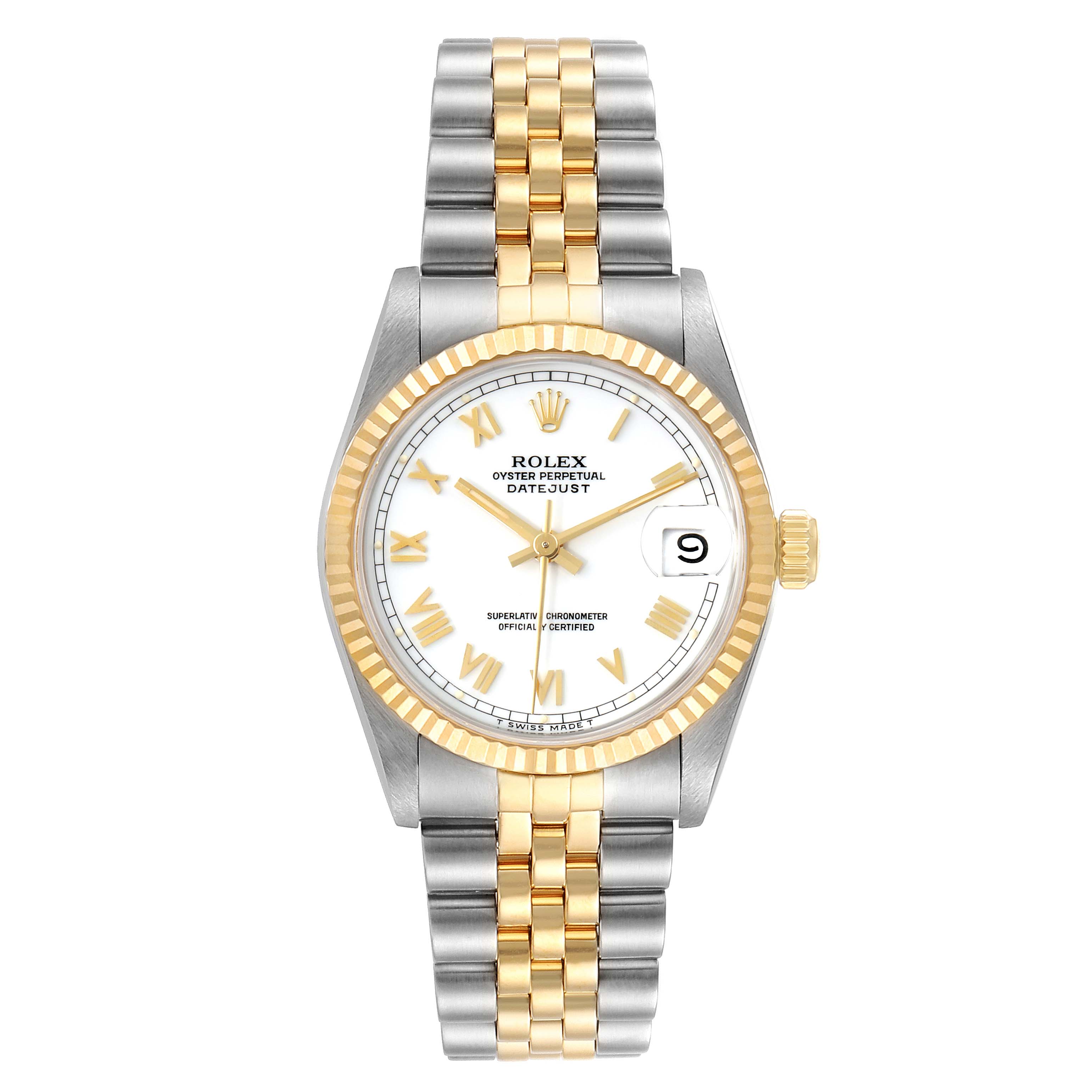 This is a front view of a Rolex Mid-Size 68273 Women's Steel and Gold (two tone) White Dial 68273 Women's Steel and Gold (two tone) White Dial model showcasing its two-tone bracelet, fluted bezel, and date function on the dial.