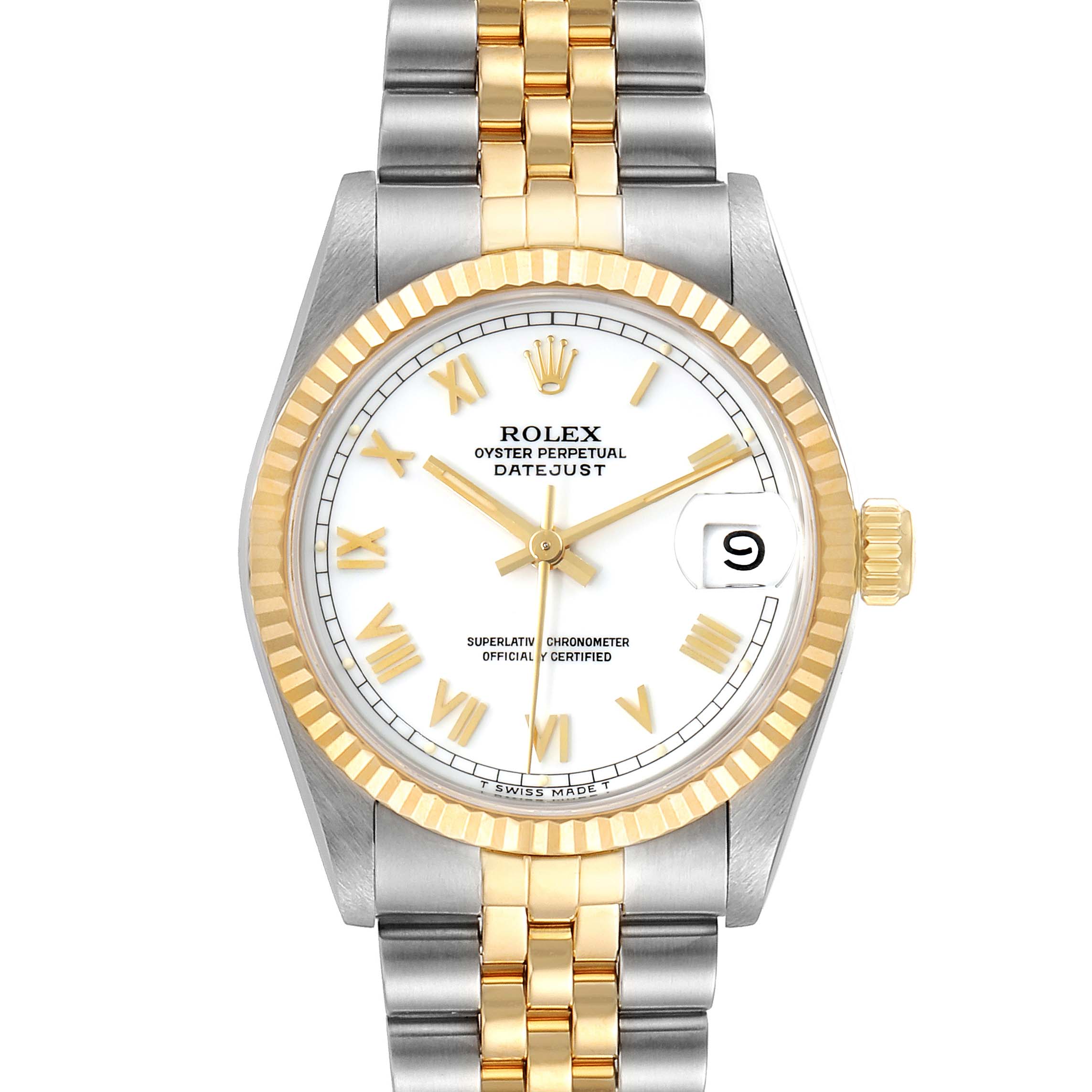 This image shows a front view of a Rolex Mid-Size 68273 Women's Steel and Gold (two tone) White Dial 68273 Women's Steel and Gold (two tone) White Dial Oyster Perpetual Datejust with a two-tone bracelet and a fluted bezel.