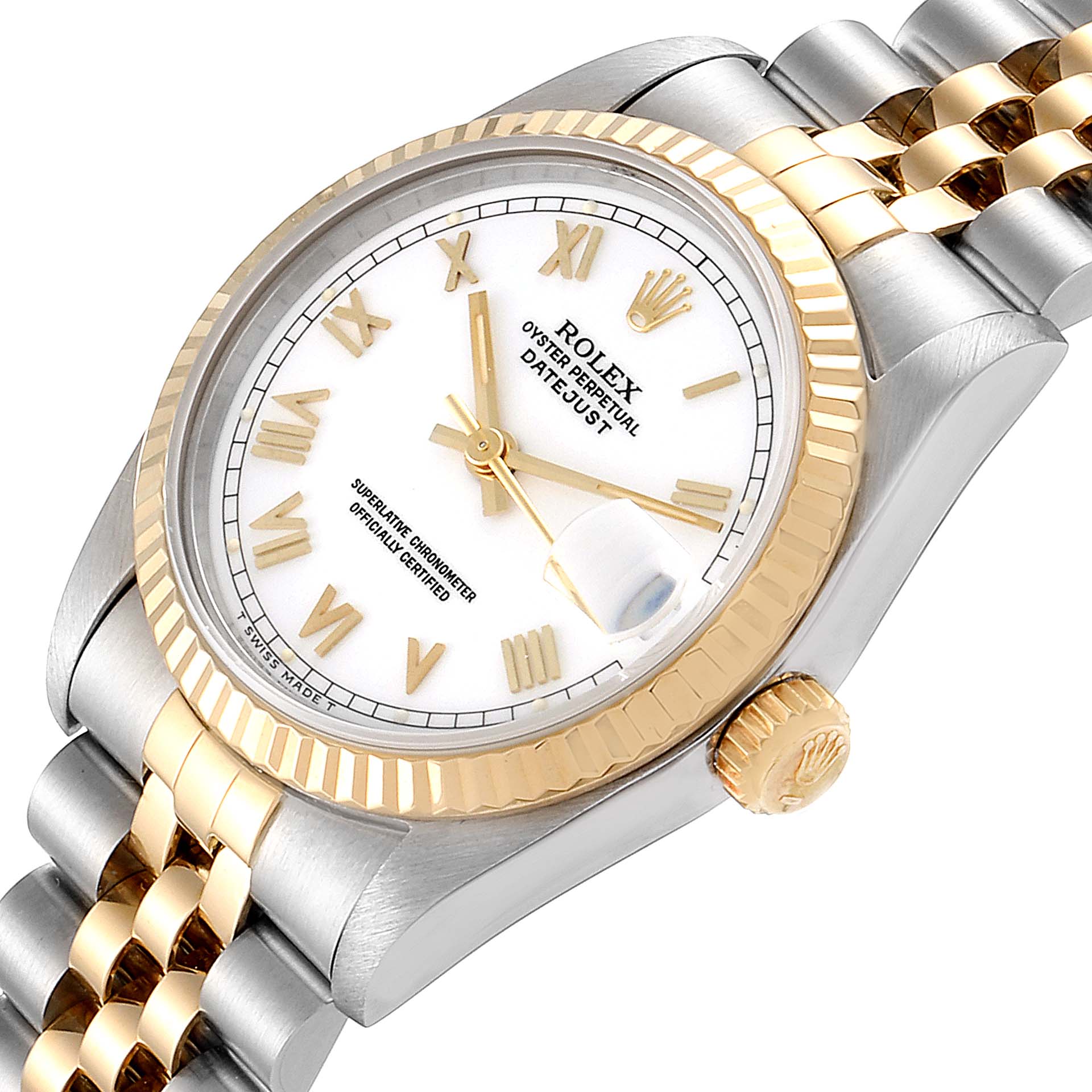 This image shows a gold and silver Rolex Mid-Size 68273 Women's Steel and Gold (two tone) White Dial 68273 Women's Steel and Gold (two tone) White Dial Datejust watch at an angle highlighting the face, bezel, and partially the bracelet.