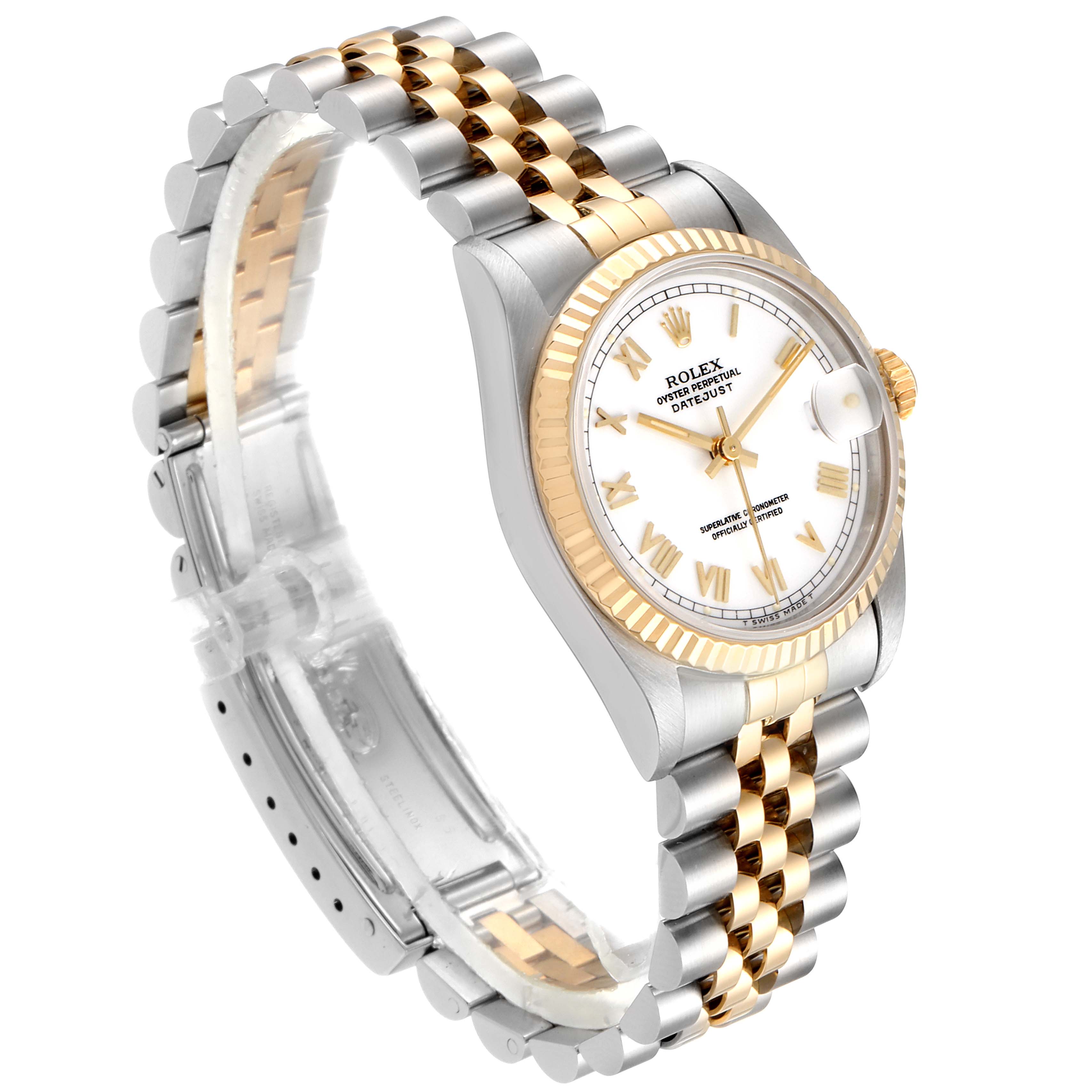 This image shows a Rolex Mid-Size 68273 Women's Steel and Gold (two tone) White Dial 68273 Women's Steel and Gold (two tone) White Dial Datejust watch at a 3/4 angle, highlighting its two-tone bracelet, fluted bezel, and white dial.