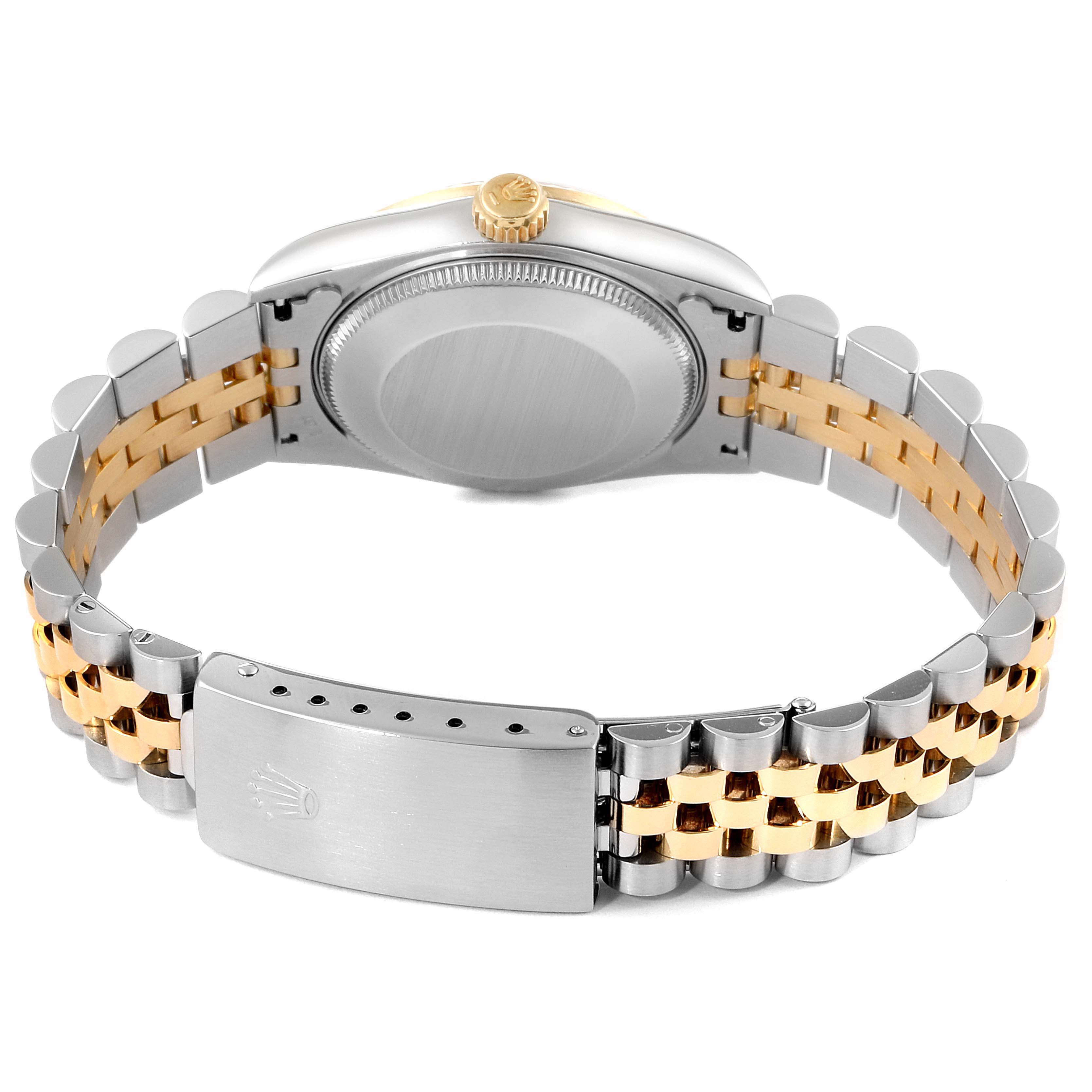 The image shows the back of a Rolex Mid-Size 68273 Women's Steel and Gold (two tone) White Dial 68273 Women's Steel and Gold (two tone) White Dial watch, revealing the case back, crown, and two-tone bracelet with clasp.