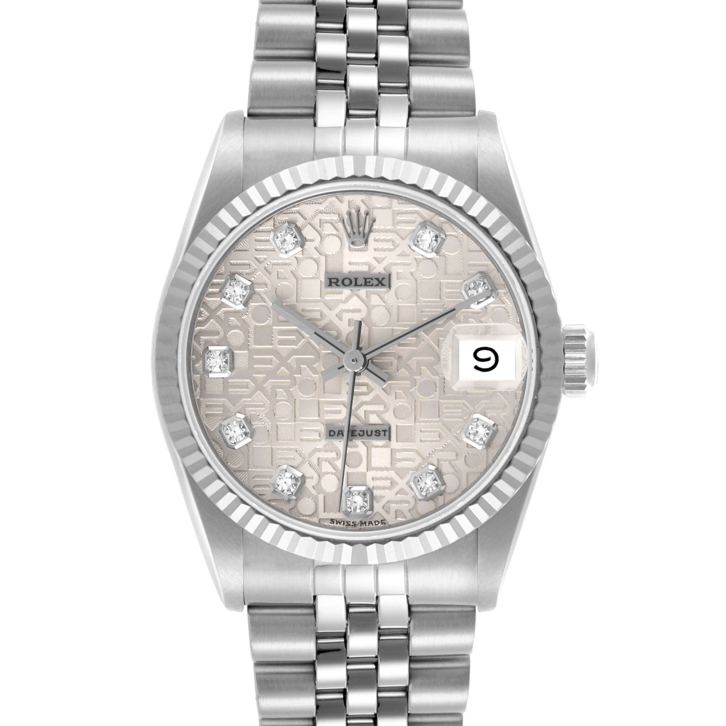 The Rolex Mid-Size 68274 Women's Stainless Steel Silver Dial 68274 Women's Stainless Steel Silver Dial watch is shown from the front, highlighting the dial, bezel, bracelet, and date display.