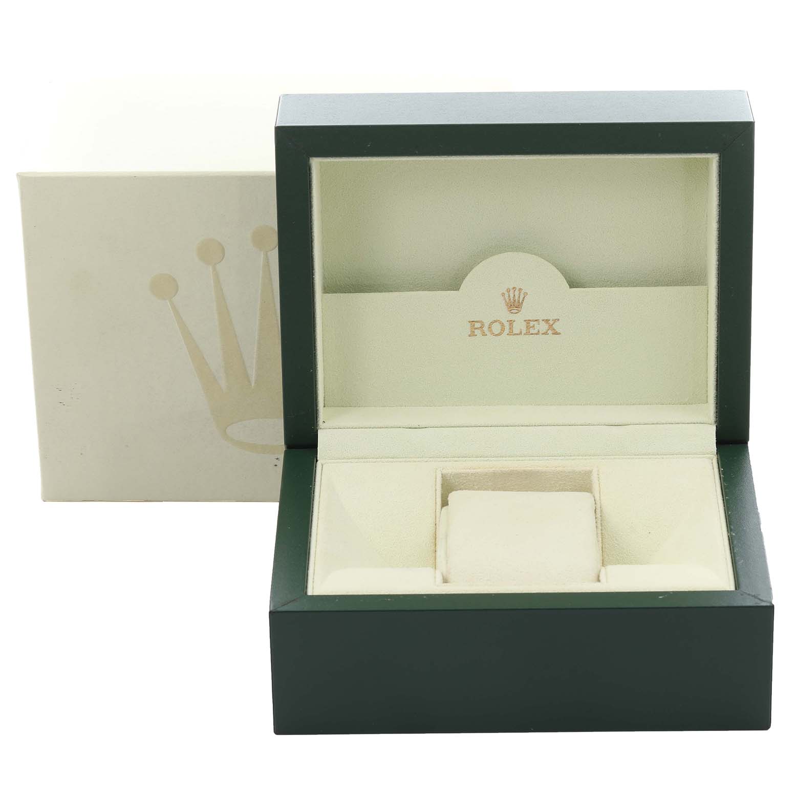 A Rolex Mid-Size 68274 Women's Stainless Steel Silver Dial 68274 Women's Stainless Steel Silver Dial watch box and packaging are shown from a front angle, displaying the inside compartment.