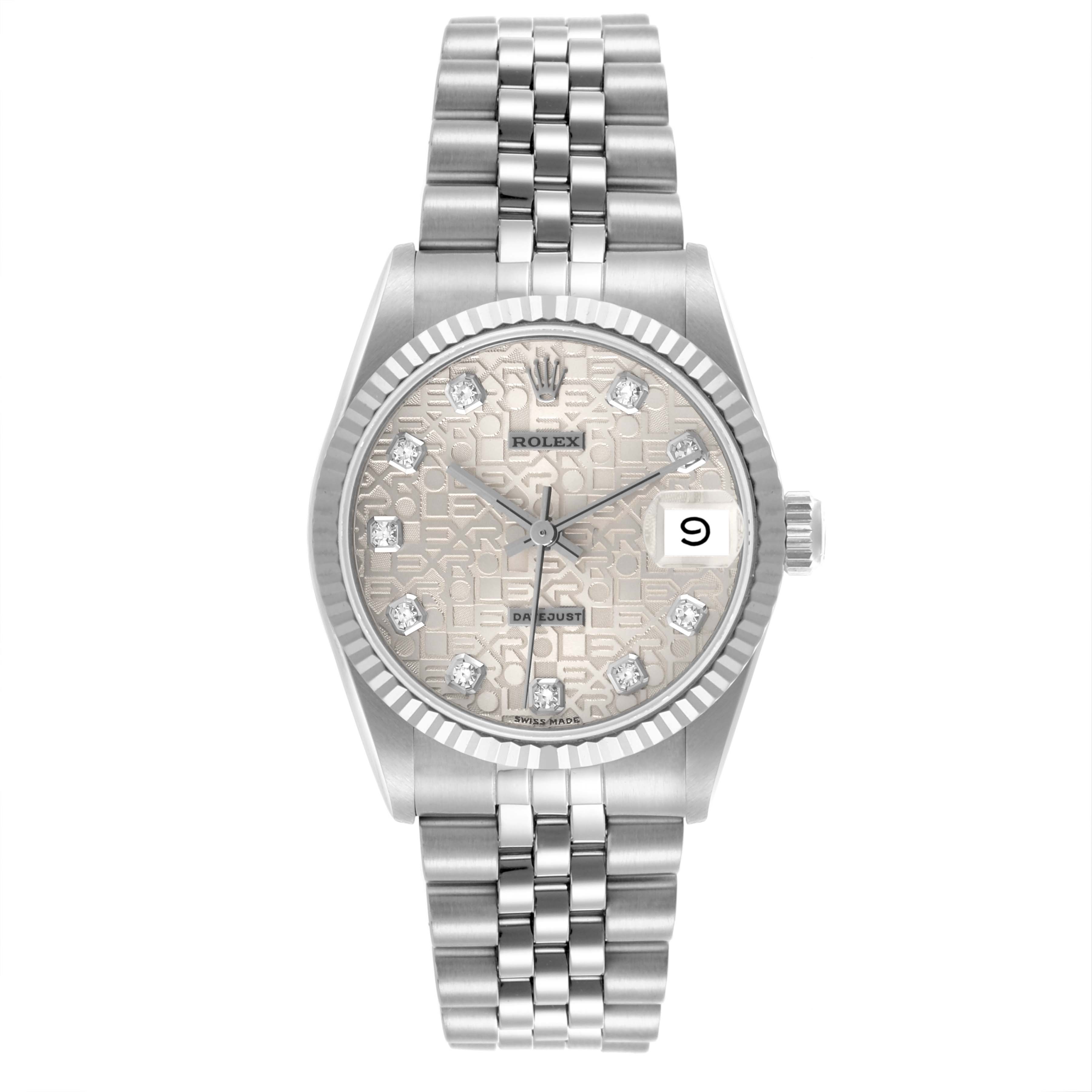 The Rolex Mid-Size 68274 Women's Stainless Steel Silver Dial 68274 Women's Stainless Steel Silver Dial model is shown from the front, highlighting the dial, bezel, bracelet, and date window.