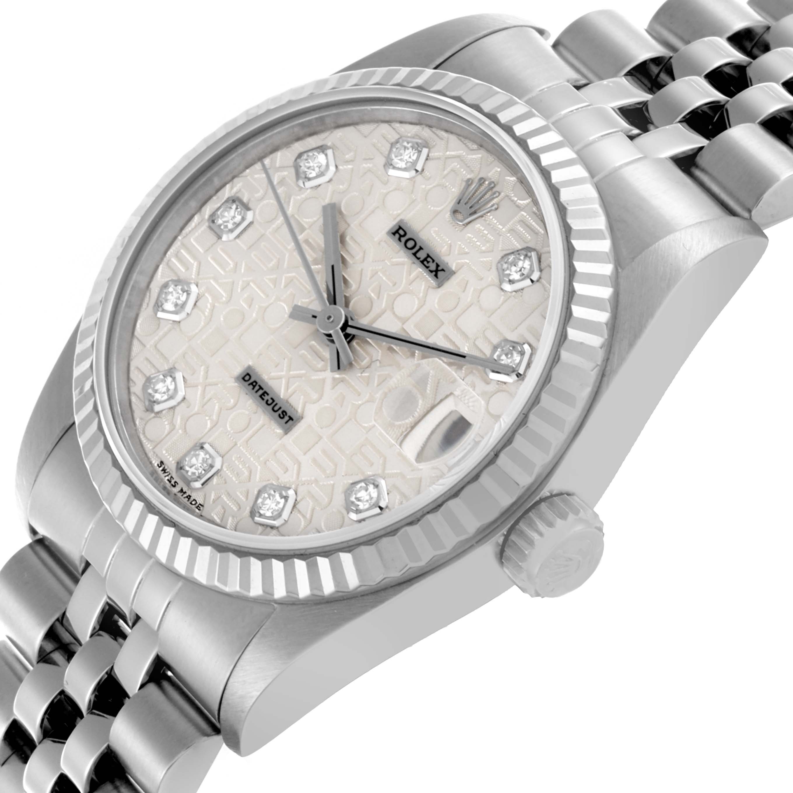 The Rolex Mid-Size 68274 Women's Stainless Steel Silver Dial 68274 Women's Stainless Steel Silver Dial watch is shown at an oblique angle focusing on the dial, bezel, and part of the bracelet.