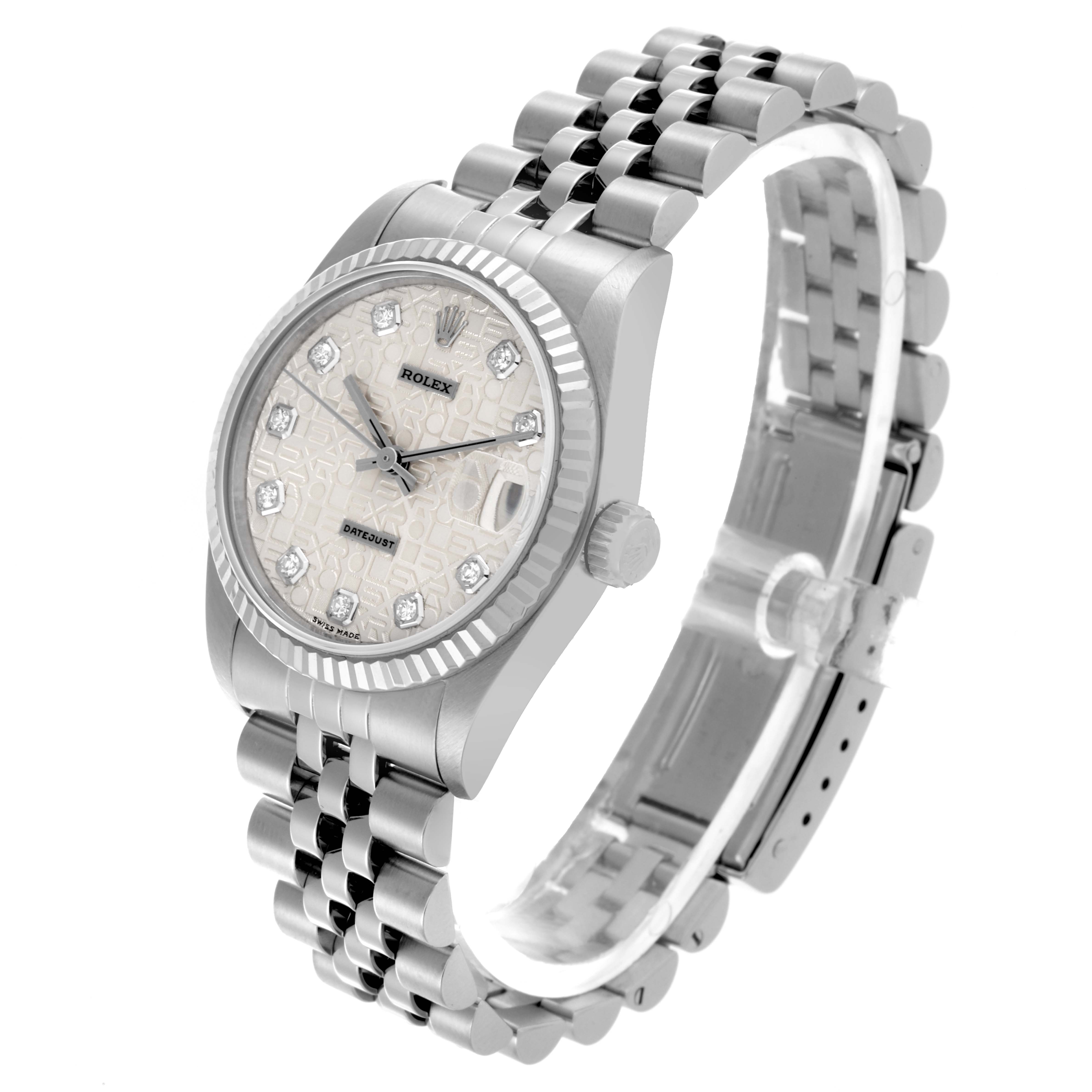 The Rolex Mid-Size 68274 Women's Stainless Steel Silver Dial 68274 Women's Stainless Steel Silver Dial watch is shown in a three-quarter angle, highlighting the face, bezel, crown, and part of the bracelet.