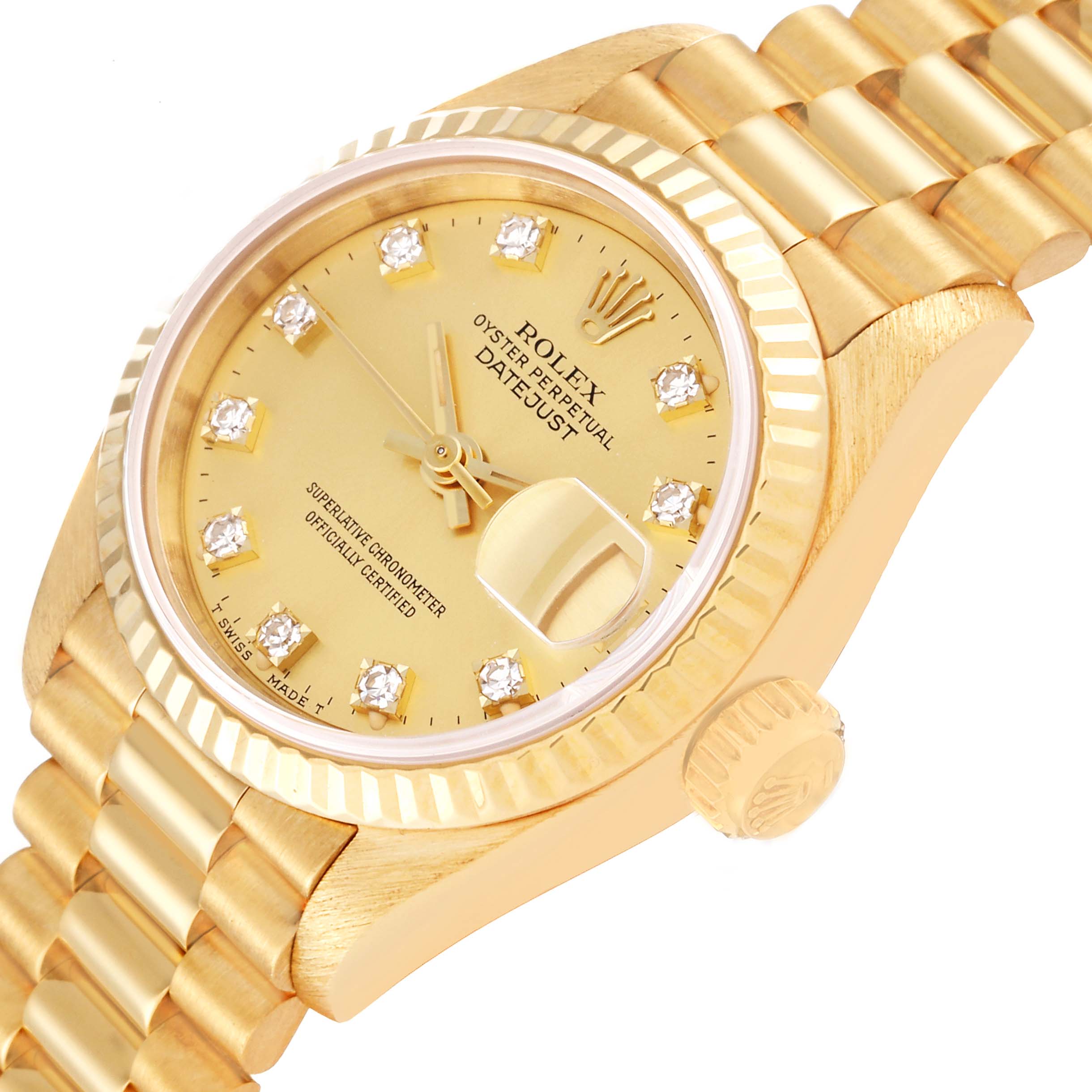 This image shows the face, crown, and bracelet of the Rolex President 69178 Women
s Yellow Gold Champagne Dial 69178 Women
s Yellow Gold Champagne Dial Datejust watch at an angled view.