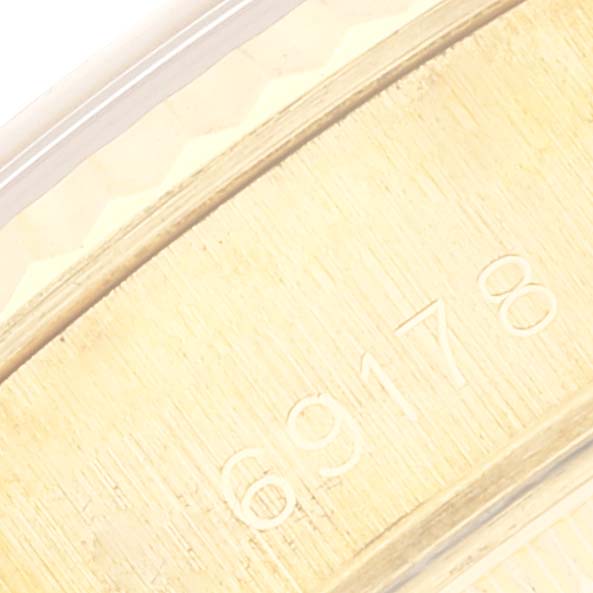 This image shows the model engraving (69178) on the casing of a Rolex President 69178 Women
s Yellow Gold Champagne Dial 69178 Women
s Yellow Gold Champagne Dial watch.
