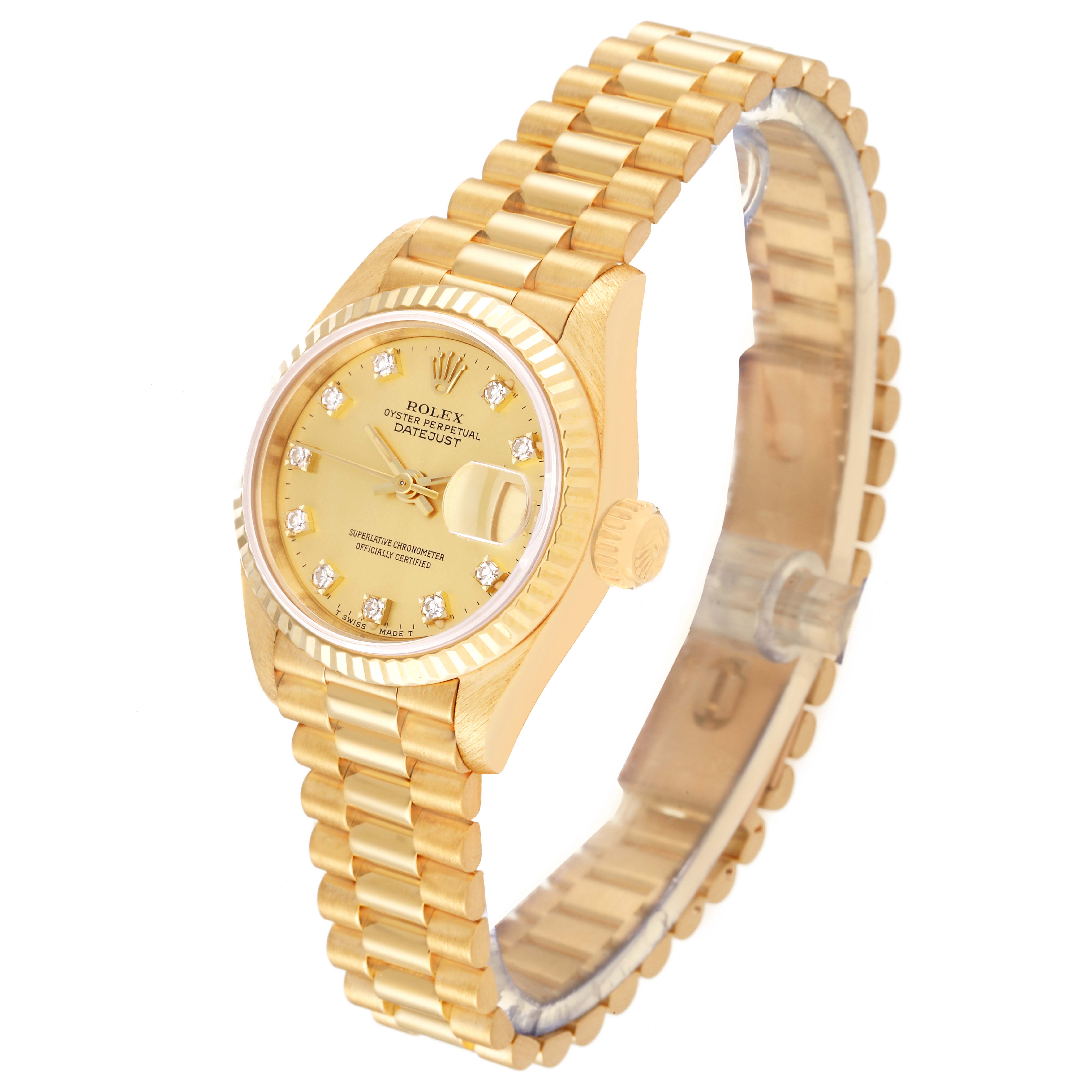 The image shows a Rolex President 69178 Women
s Yellow Gold Champagne Dial 69178 Women
s Yellow Gold Champagne Dial model watch from a three-quarter angle, highlighting its gold bracelet and detailed dial.
