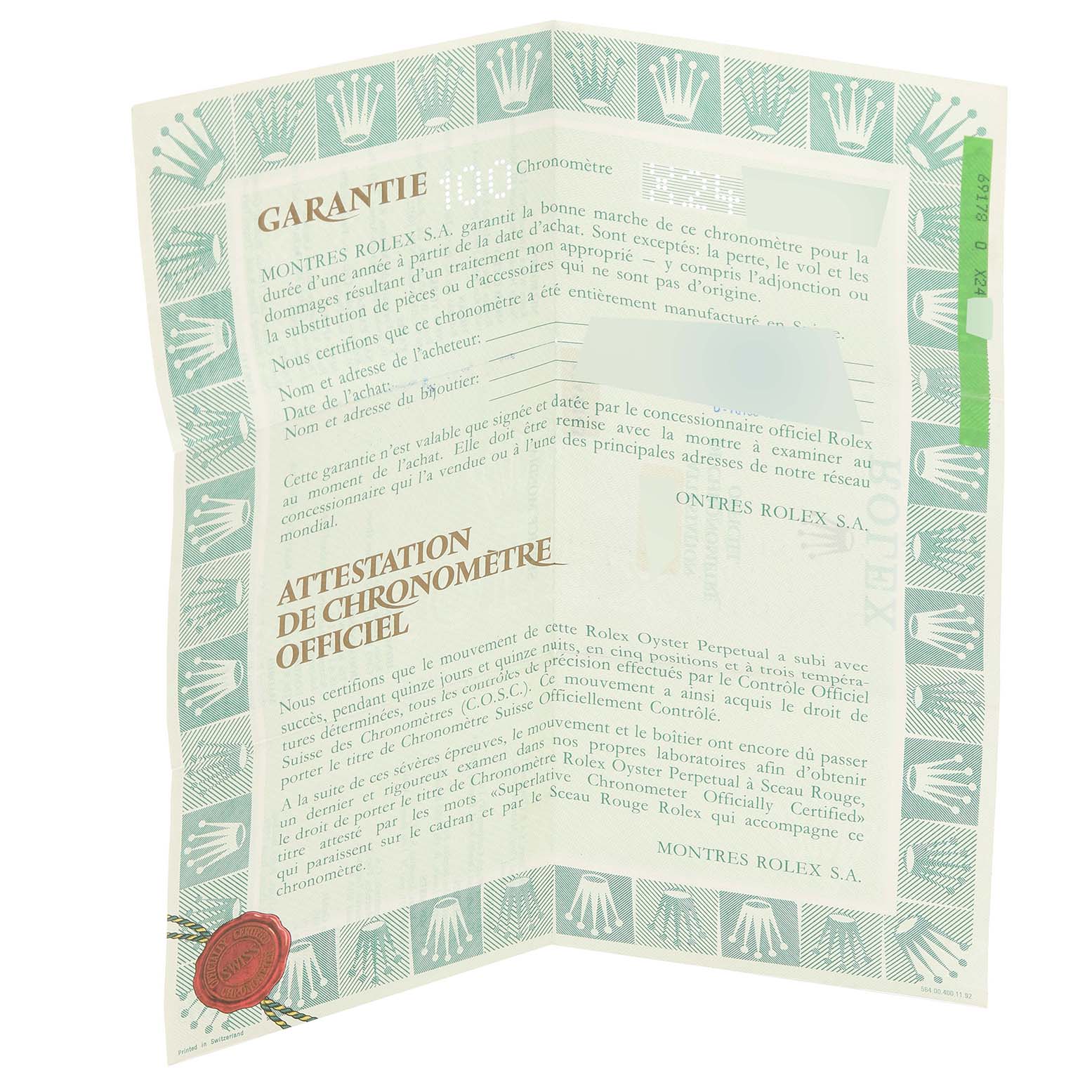 This is the warranty certificate for the Rolex President 69178 Women
s Yellow Gold Champagne Dial 69178 Women
s Yellow Gold Champagne Dial model watch.