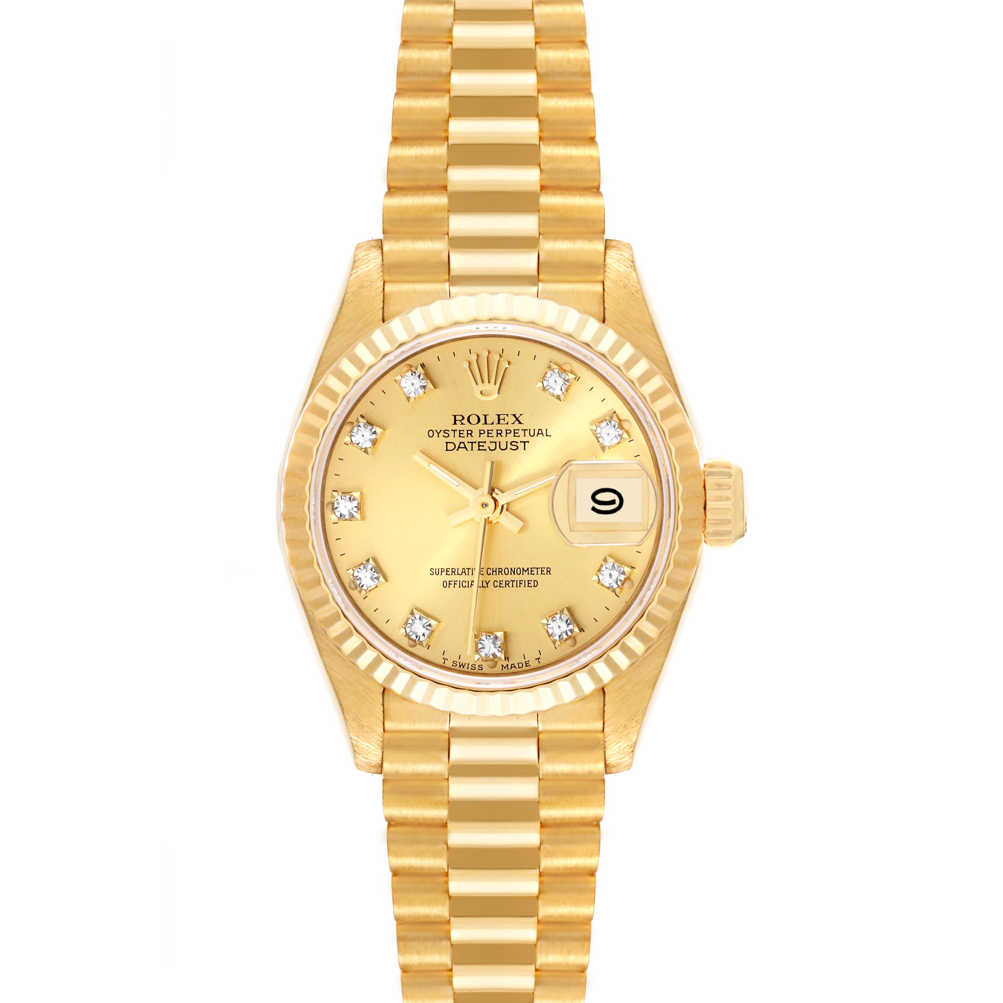 The Rolex President 69178 Women
s Yellow Gold Champagne Dial 69178 Women
s Yellow Gold Champagne Dial model watch is shown from a top-down angle with its gold bracelet and diamond-studded dial visible.