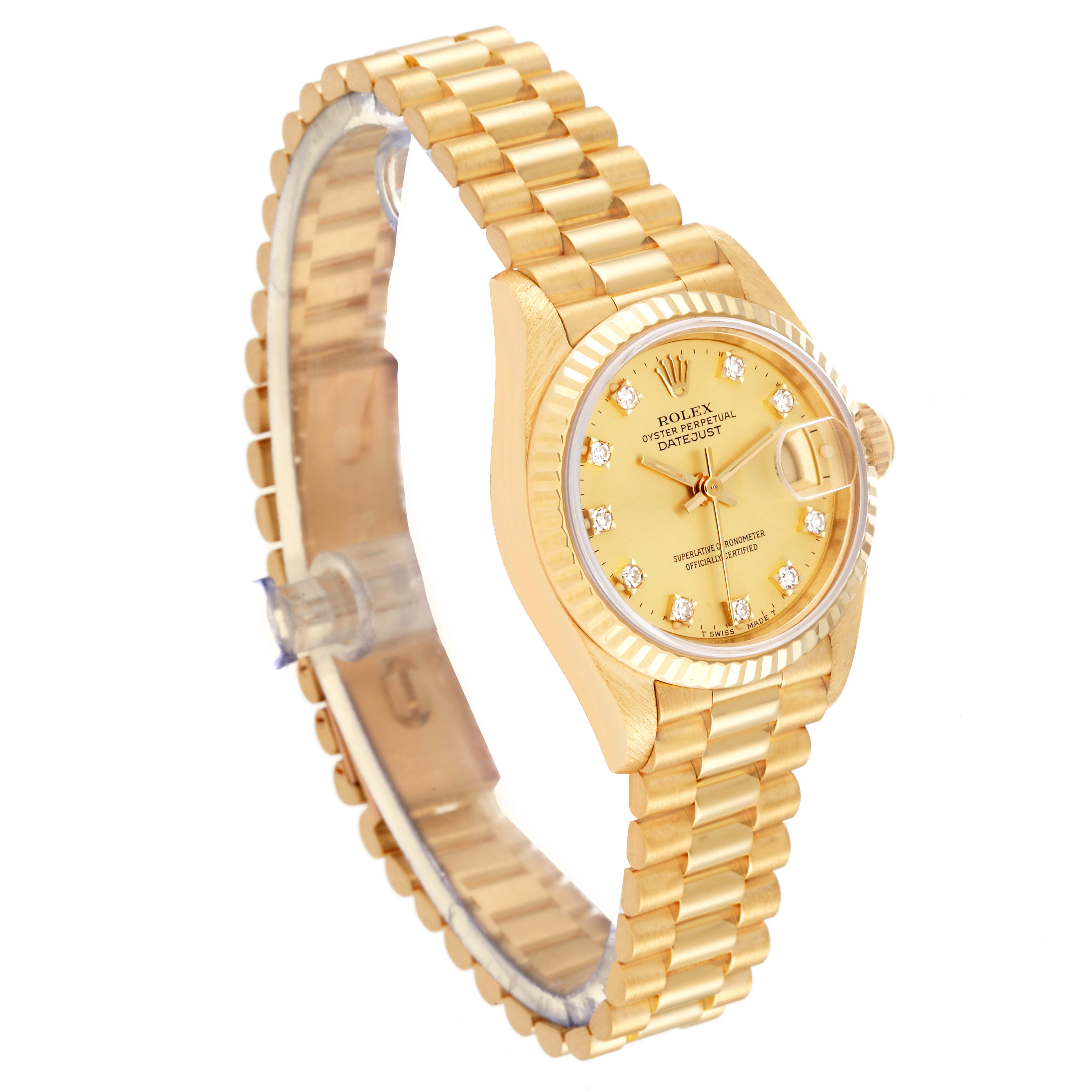 The image shows a Rolex President 69178 Women
s Yellow Gold Champagne Dial 69178 Women
s Yellow Gold Champagne Dial model watch at an angled view highlighting the gold band, face, and bezel.