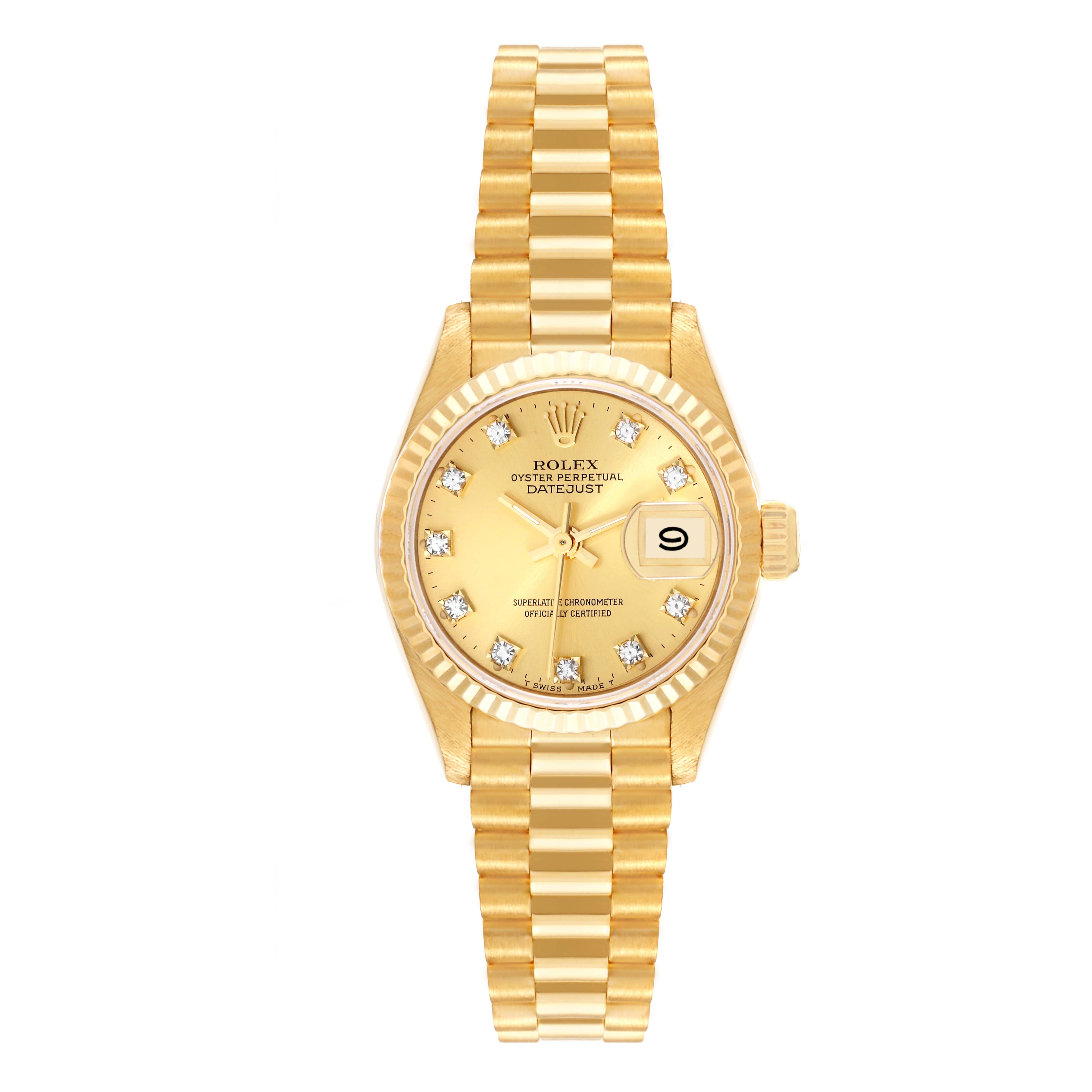 The Rolex President 69178 Women
s Yellow Gold Champagne Dial 69178 Women
s Yellow Gold Champagne Dial model watch is shown from the front, displaying its gold bracelet, dial, and date window.
