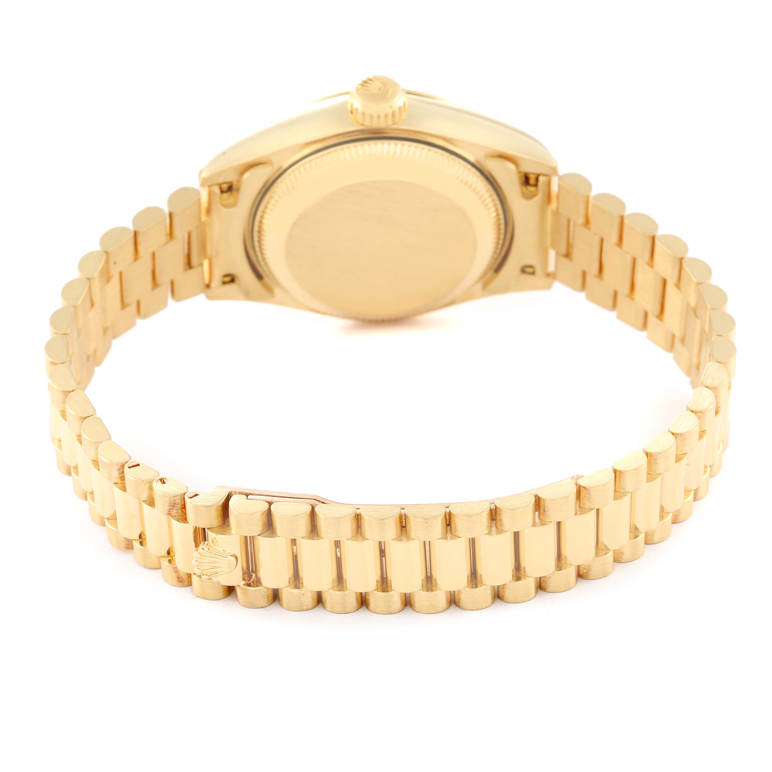 The image shows the back and bracelet of a Rolex President 69178 Women
s Yellow Gold Champagne Dial 69178 Women
s Yellow Gold Champagne Dial model watch at a rear angle.