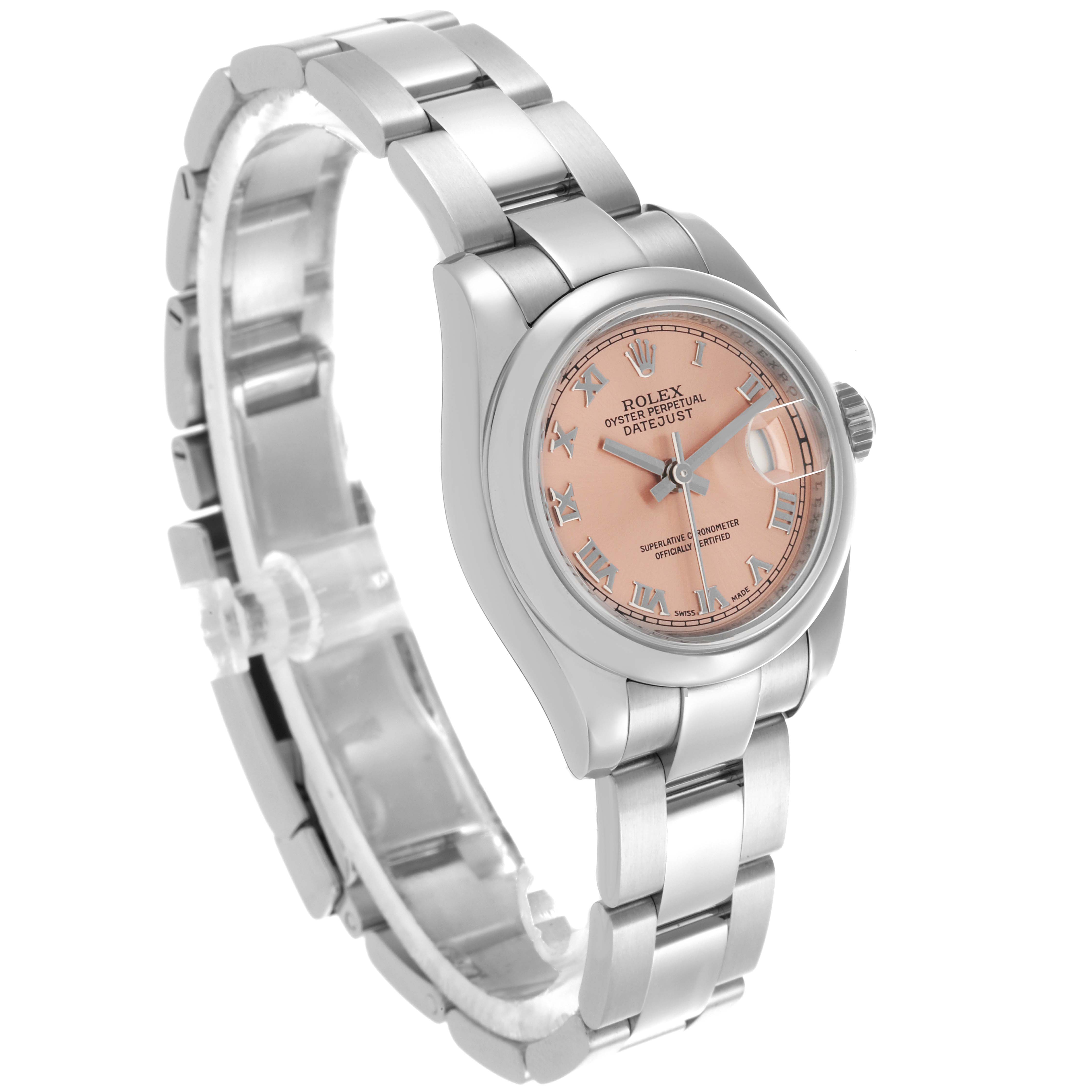 The Rolex Datejust 179160 Women's Stainless Steel Pink Dial 179160 Women's Stainless Steel Pink Dial watch is shown at an angled side view, displaying its pink dial, bezel, crown, and bracelet.