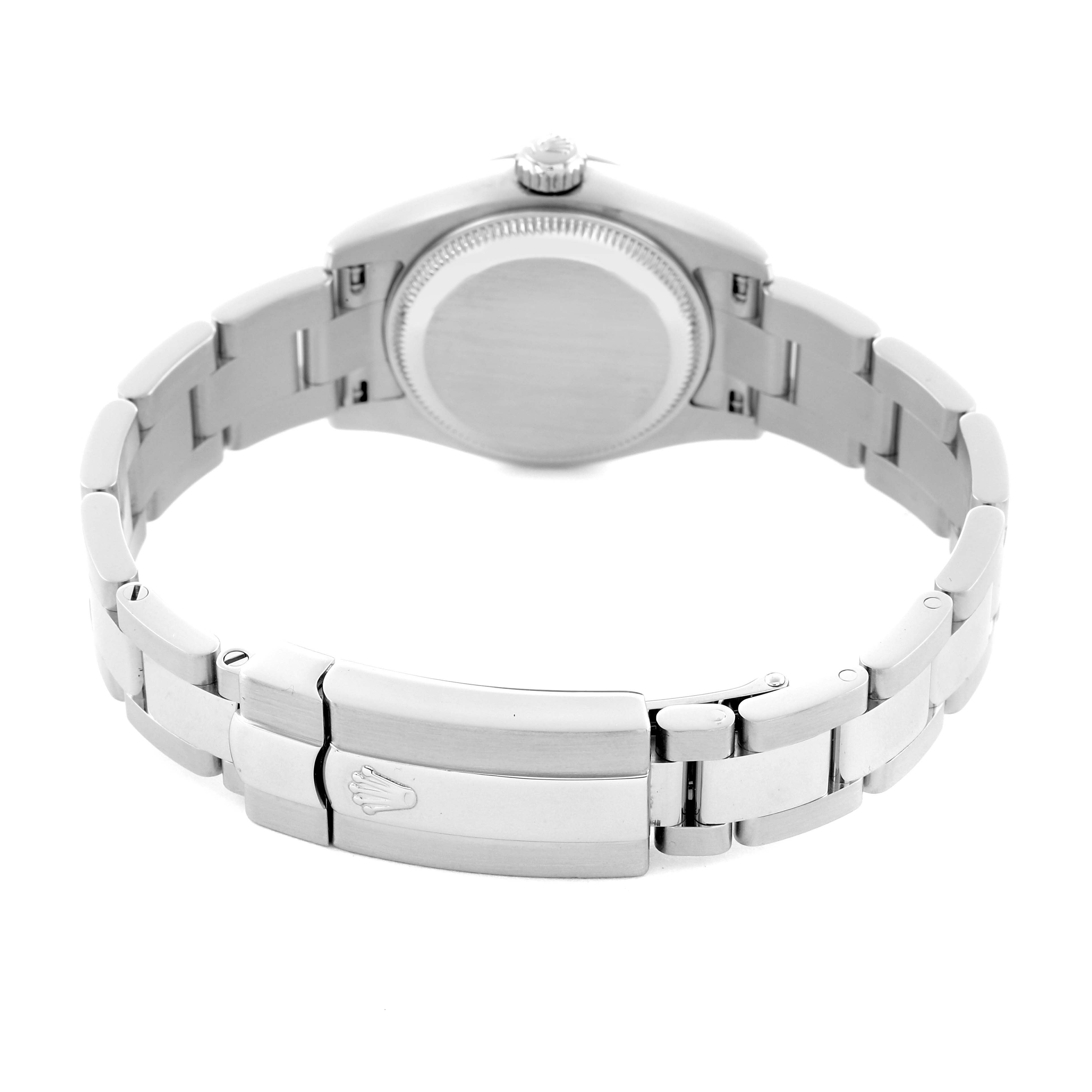 The image shows the back and clasp of a Rolex Datejust 179160 Women's Stainless Steel Pink Dial 179160 Women's Stainless Steel Pink Dial, highlighting its bracelet and case back.