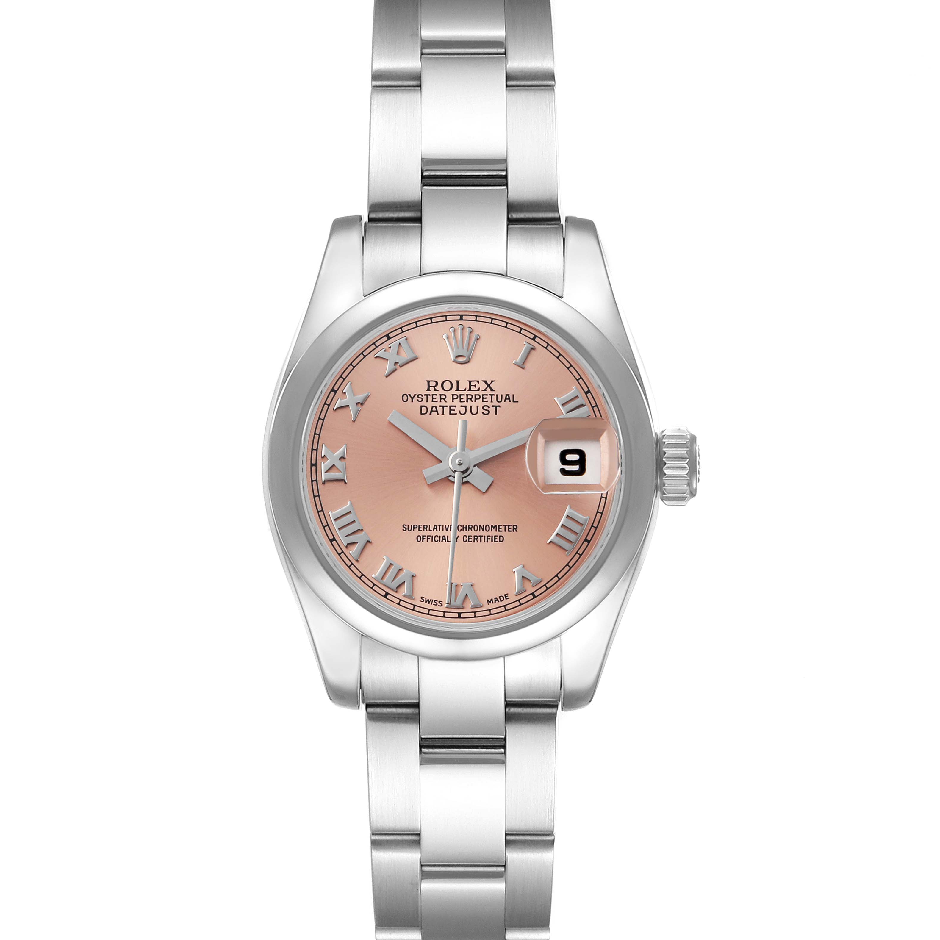 The image shows a front view of the Rolex Datejust 179160 Women's Stainless Steel Pink Dial 179160 Women's Stainless Steel Pink Dial, highlighting the dial, hands, date window, and bracelet.