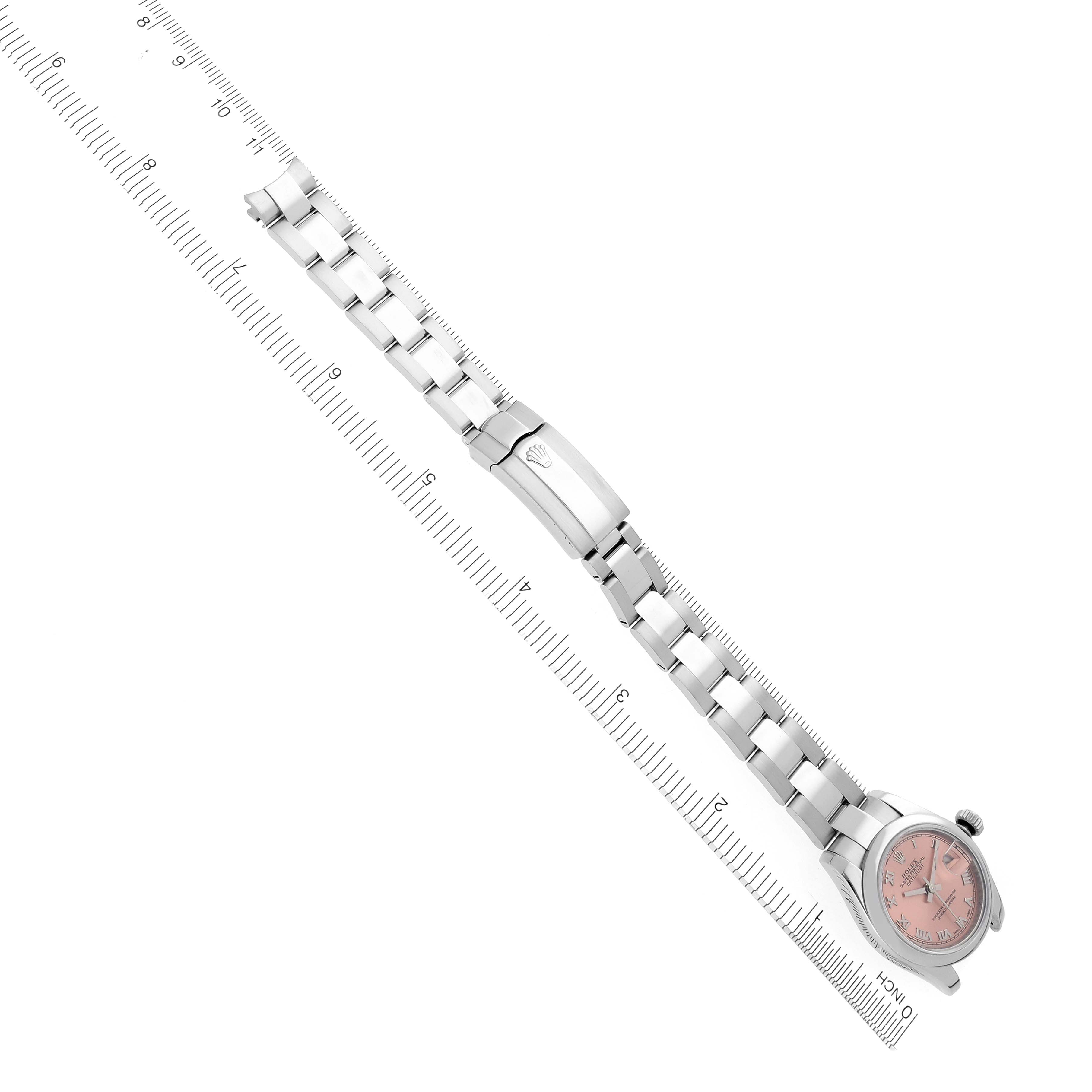 The Rolex Datejust 179160 Women's Stainless Steel Pink Dial 179160 Women's Stainless Steel Pink Dial watch is shown from an angled top view, highlighting the watch face and bracelet.