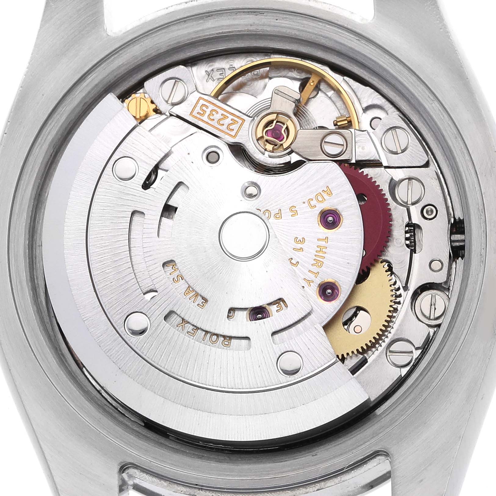 This image shows the movement and internal mechanics of a Rolex Datejust 179160 Women's Stainless Steel Pink Dial 179160 Women's Stainless Steel Pink Dial watch from a top view.