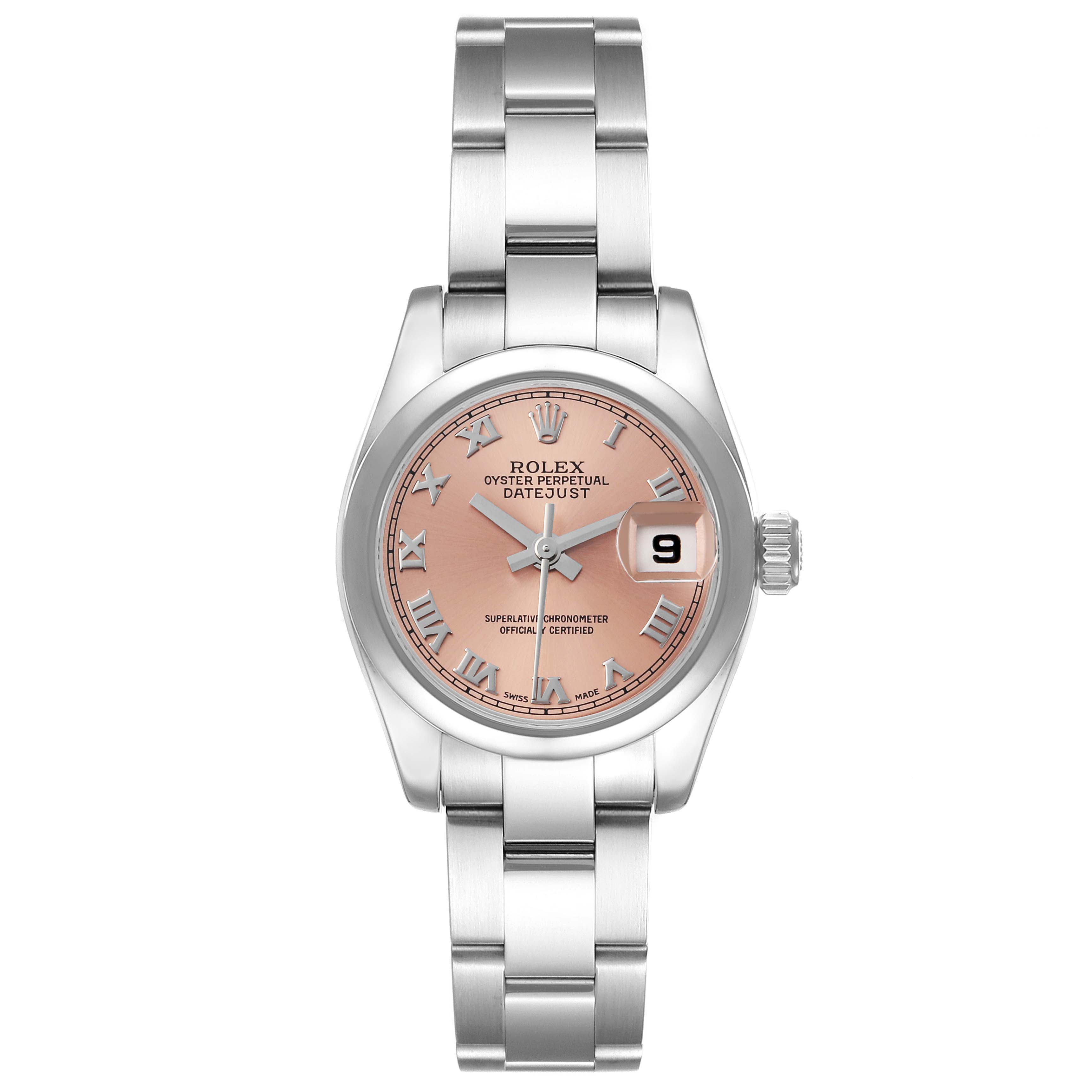 The Rolex Datejust 179160 Women's Stainless Steel Pink Dial 179160 Women's Stainless Steel Pink Dial watch is shown from a front angle, featuring its pink dial, Roman numerals, and metal bracelet.