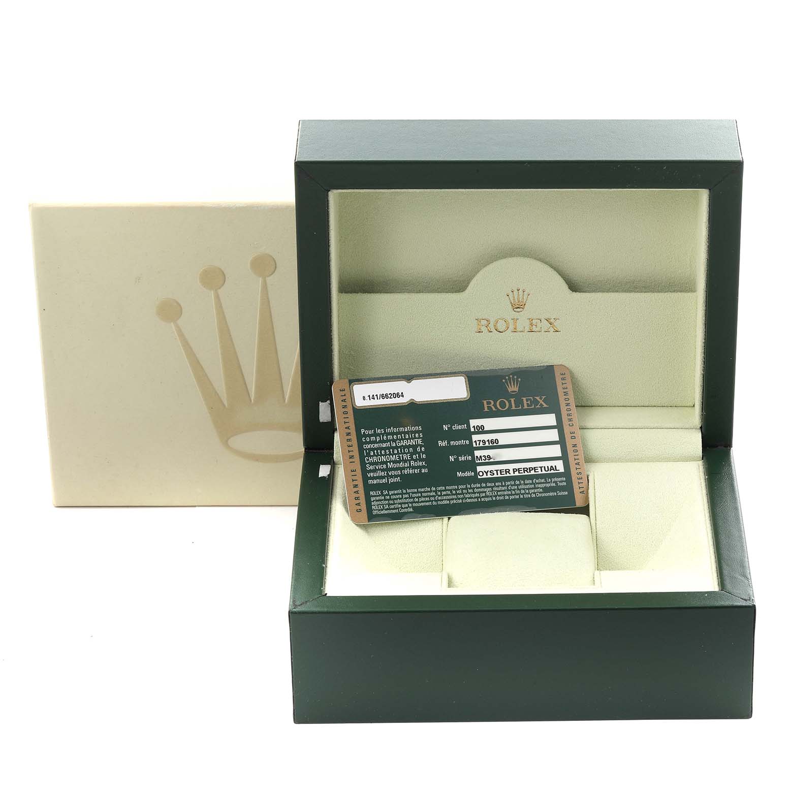 This image shows the open box and cardholder for a Rolex Datejust 179160 Women's Stainless Steel Pink Dial 179160 Women's Stainless Steel Pink Dial watch, no watch is visible.