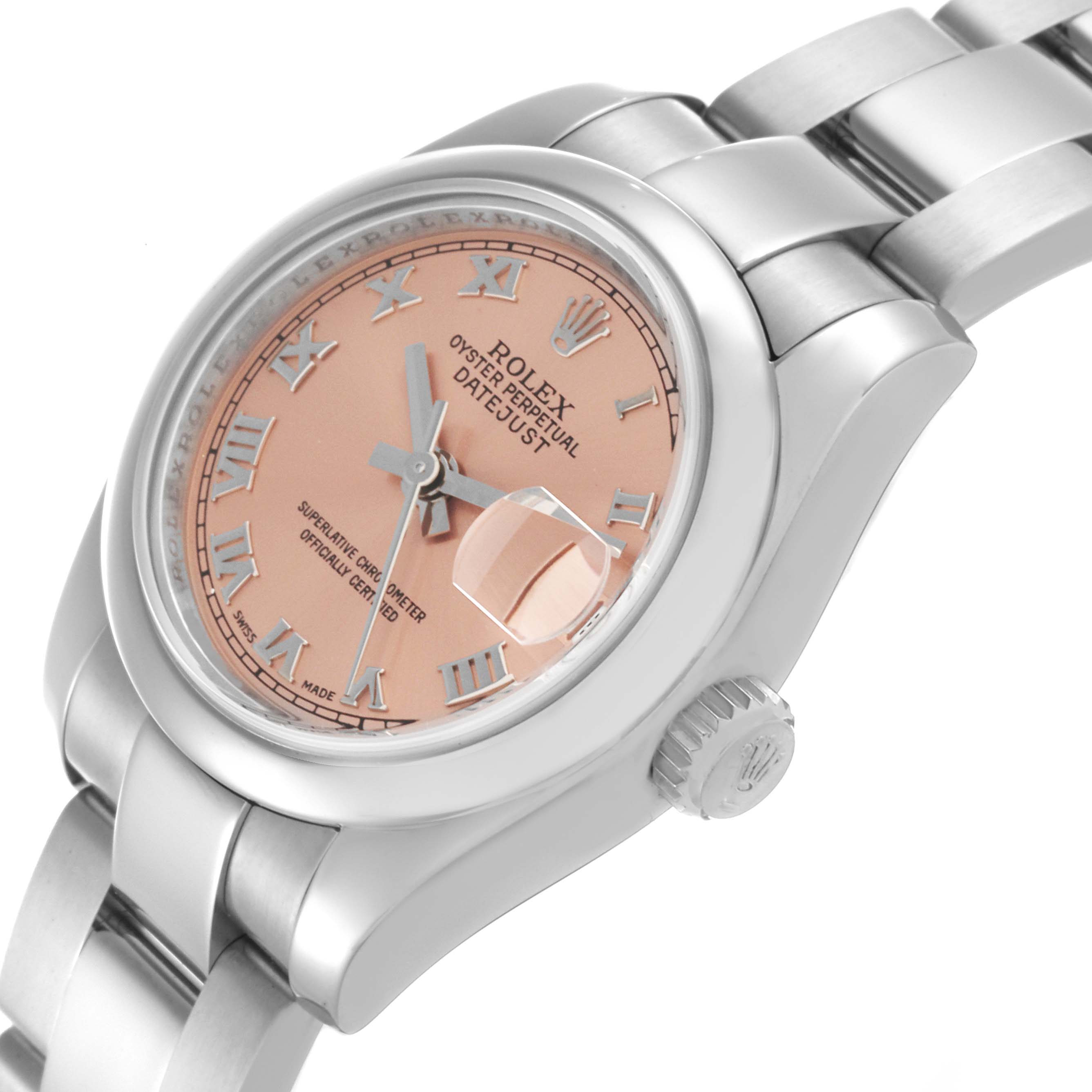 The Rolex Datejust 179160 Women's Stainless Steel Pink Dial 179160 Women's Stainless Steel Pink Dial watch is shown at an angled side view, highlighting the dial, bezel, bracelet, and crown.