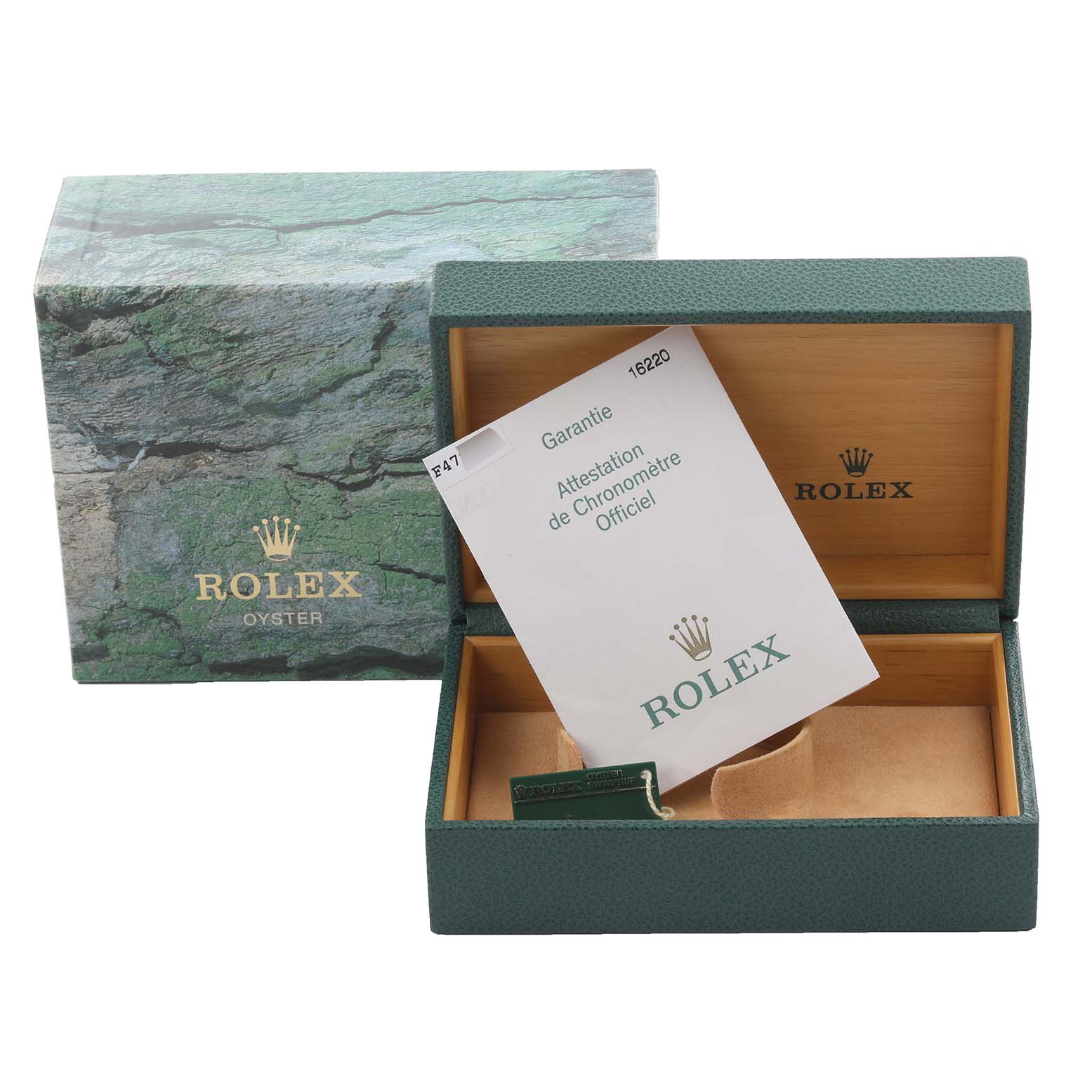 The image shows a Rolex Datejust 16220 Men's Stainless Steel Silver Dial 16220 Men's Stainless Steel Silver Dial box with its lid open, displaying a warranty card and a watch cushion.