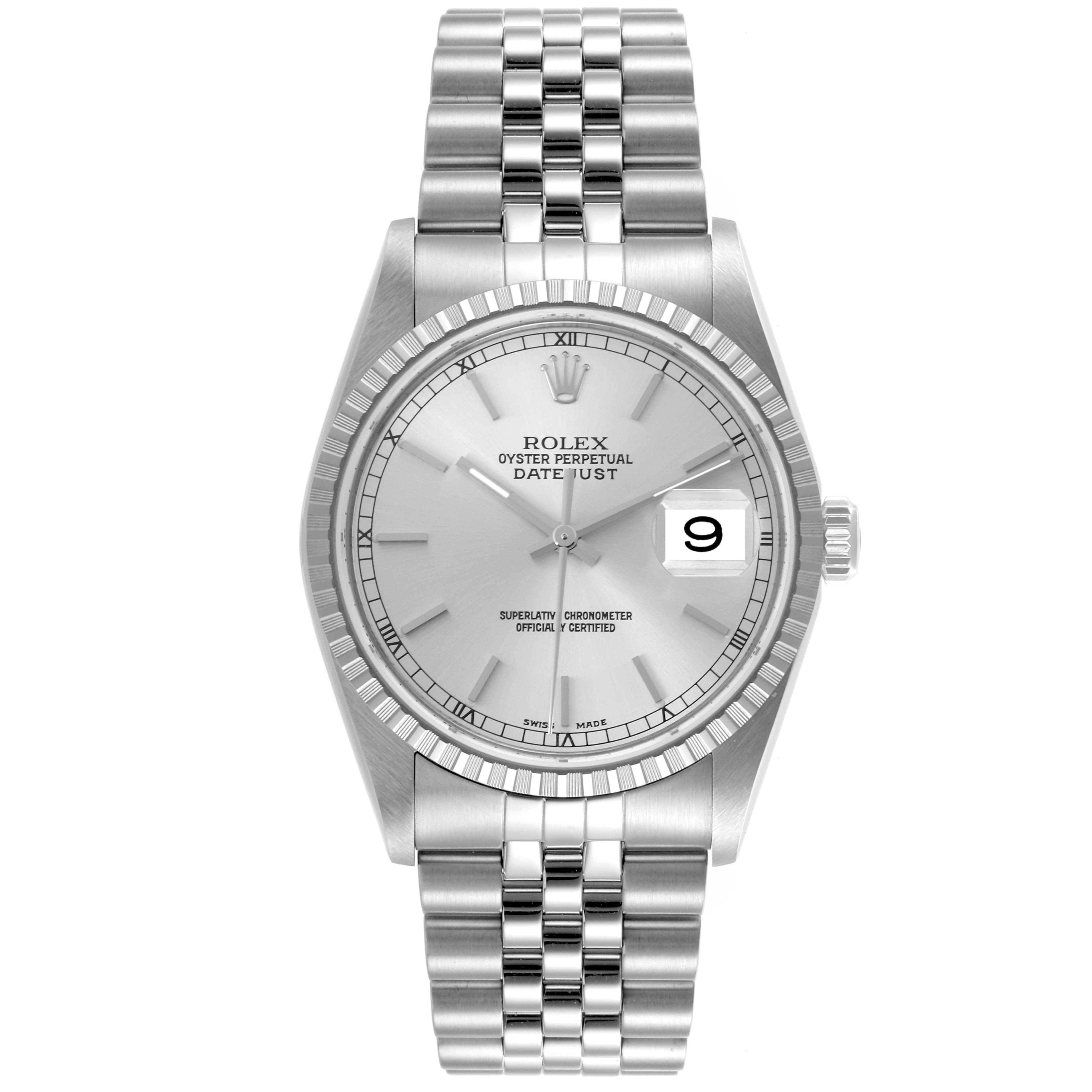 The Rolex Datejust 16220 Men's Stainless Steel Silver Dial 16220 Men's Stainless Steel Silver Dial watch is shown from a front angle, displaying the dial, bezel, crown, and bracelet.