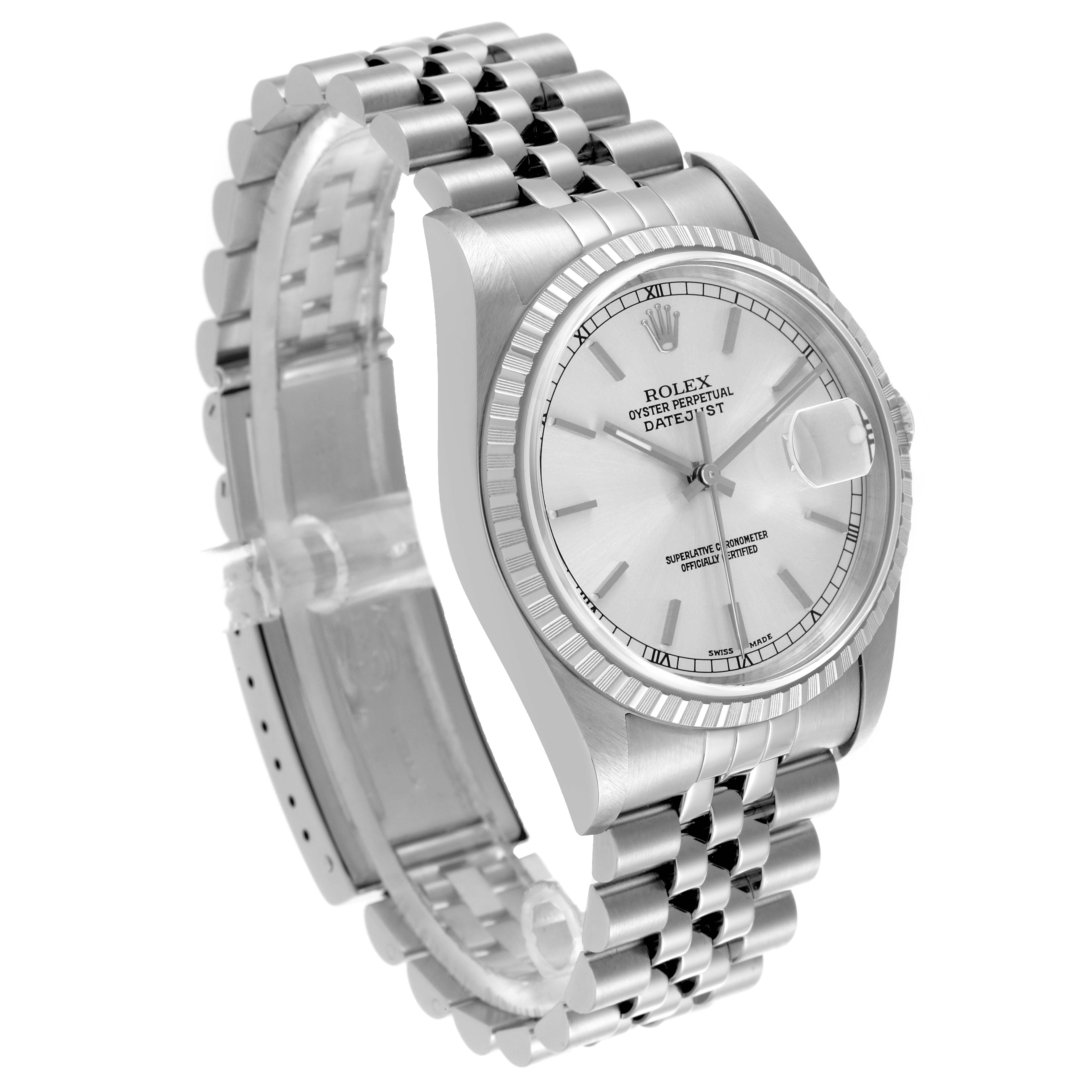 The Rolex Datejust 16220 Men's Stainless Steel Silver Dial 16220 Men's Stainless Steel Silver Dial watch is shown at an angled view, highlighting the dial, bezel, and Jubilee bracelet.