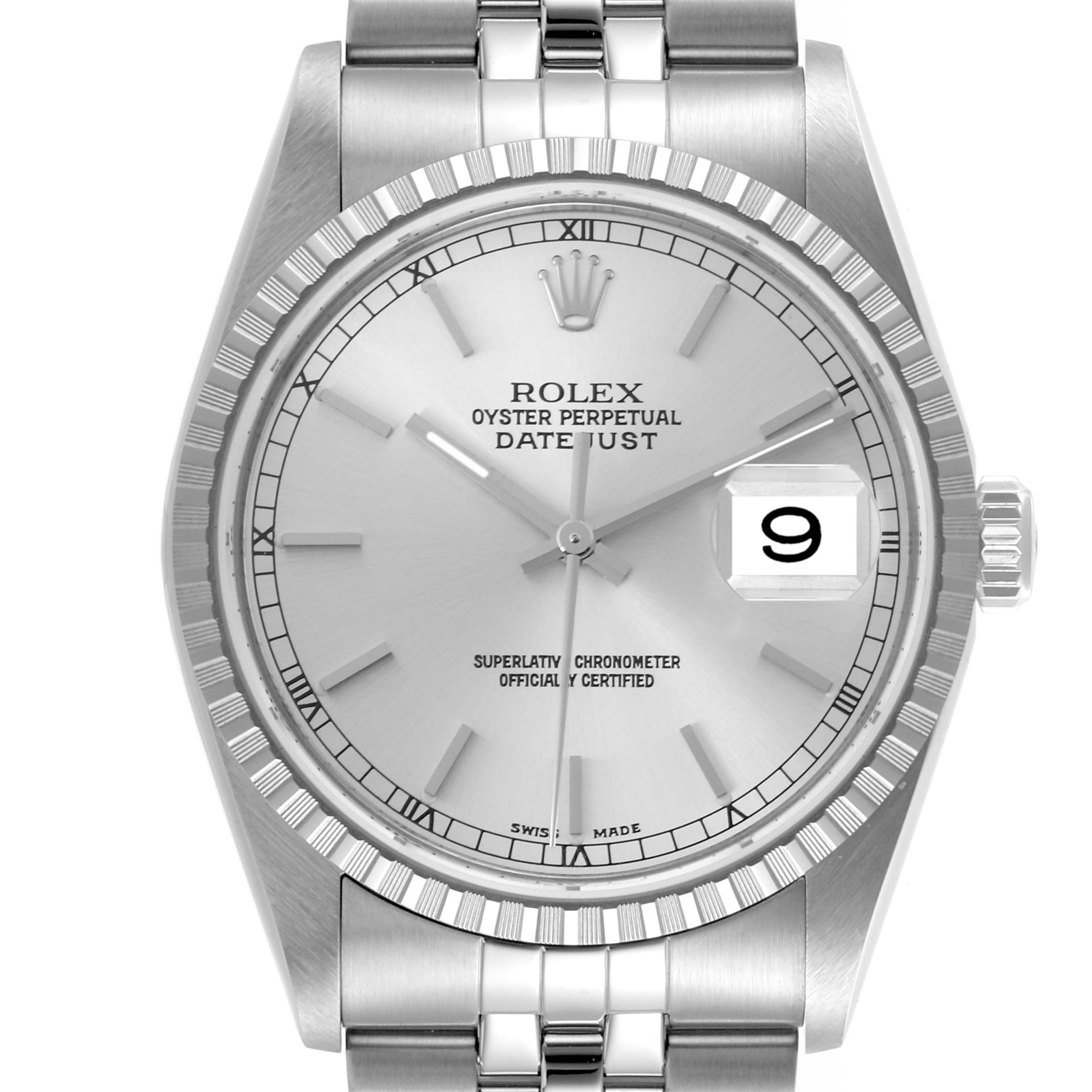 The Rolex Datejust 16220 Men's Stainless Steel Silver Dial 16220 Men's Stainless Steel Silver Dial watch is shown from the front, displaying the dial, hands, date, and part of the bracelet.