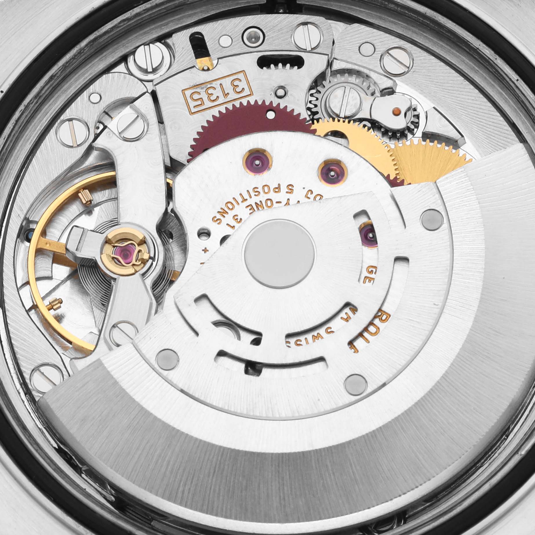 The image shows the movement mechanism of a Rolex Datejust 16220 Men's Stainless Steel Silver Dial 16220 Men's Stainless Steel Silver Dial watch, highlighting gears and the rotor from a top-down angle.